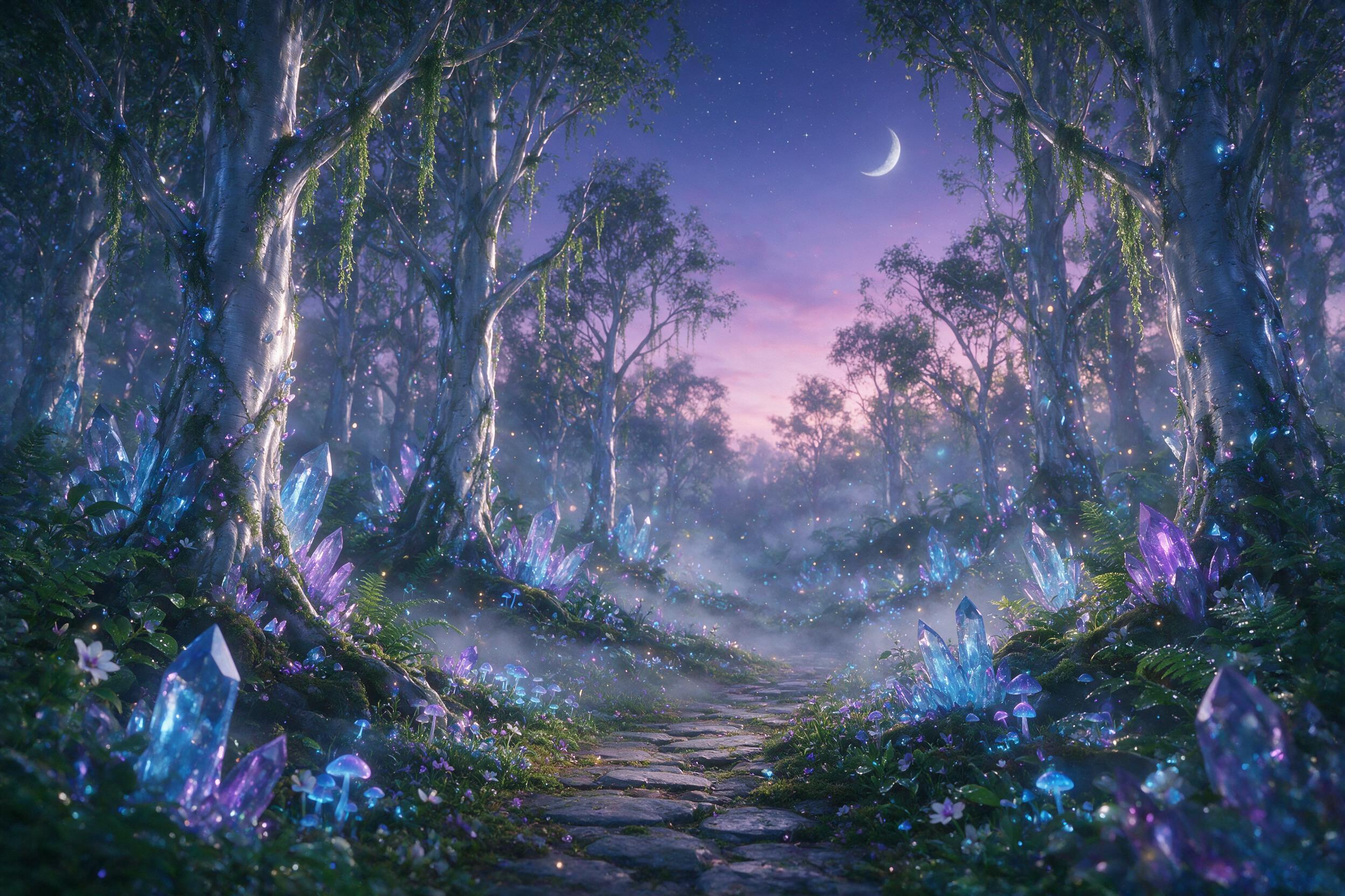 A glowing crystal forest at twilight, bioluminescent blue and purple mushrooms, ancient trees with silver bark, misty air filled with floating light particles, a small stone path winding into the distance, soft rim lighting from the crystals, ethereal atmosphere, cinematic composition, gentle depth 