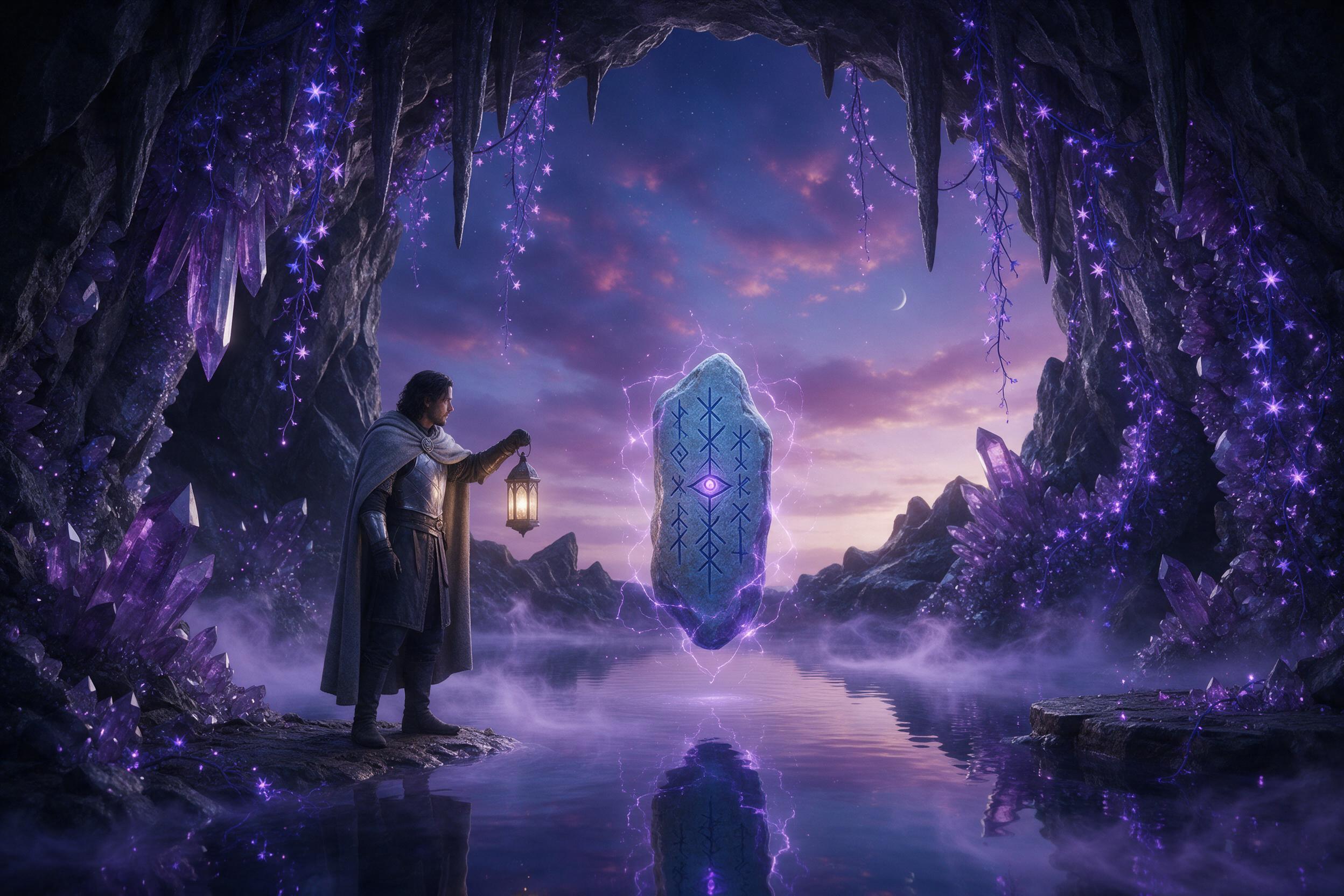 A luminous crystal cavern under a twilight sky, glowing purple flora cascading from stalactites, a silver-clad wanderer with a lantern gazing at a floating ancient runestone, mist curling over a mirror-like pool, soft bioluminescent light, ethereal atmosphere.