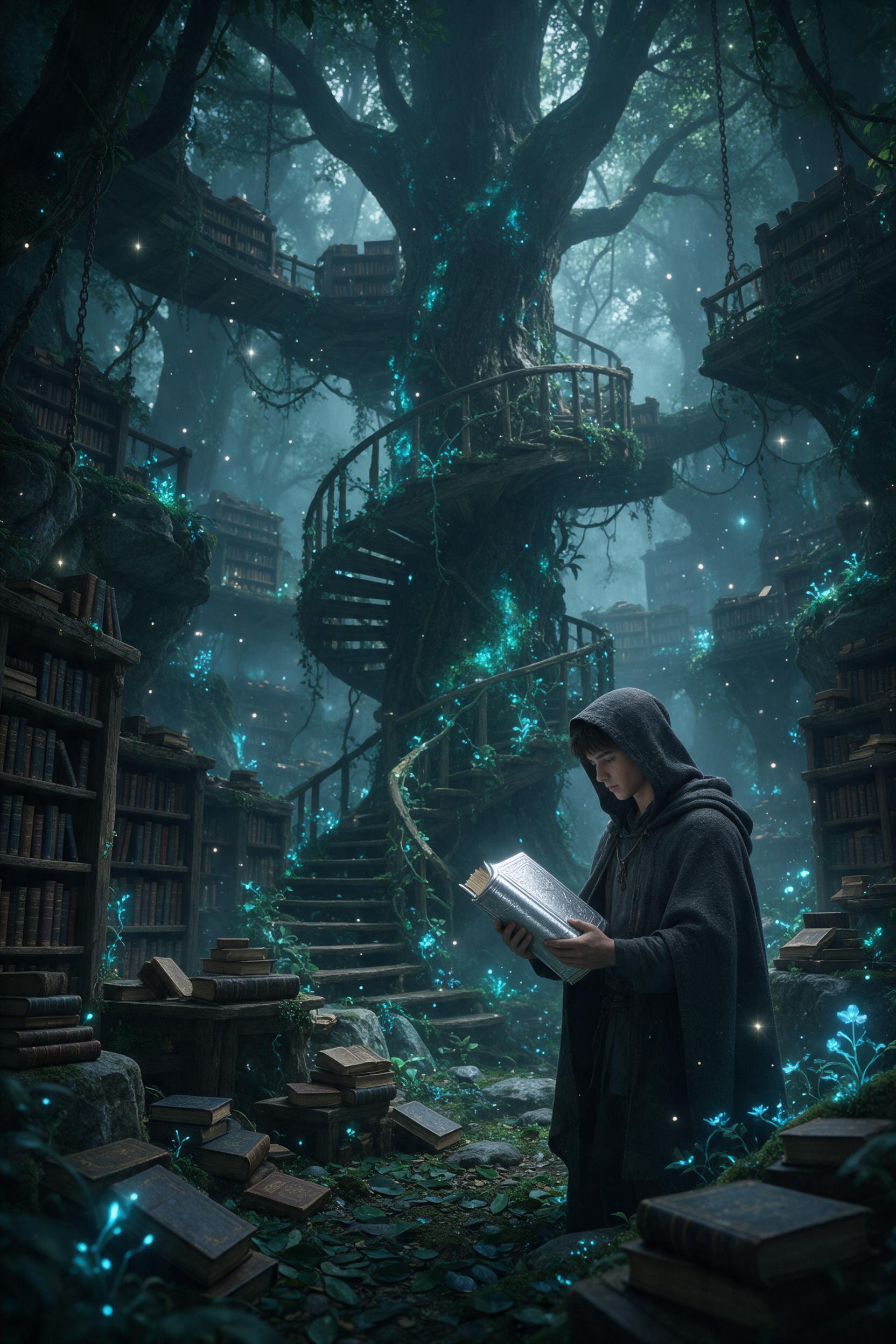 A forgotten library in a bioluminescent forest, ancient trees with glowing blue moss, floating bookshelves and spiral staircases wrapped in vines, a young scholar in a hooded cloak reading a silver tome, soft emerald and teal glow, misty air with fireflies, gentle natural lighting, cinematic depth o