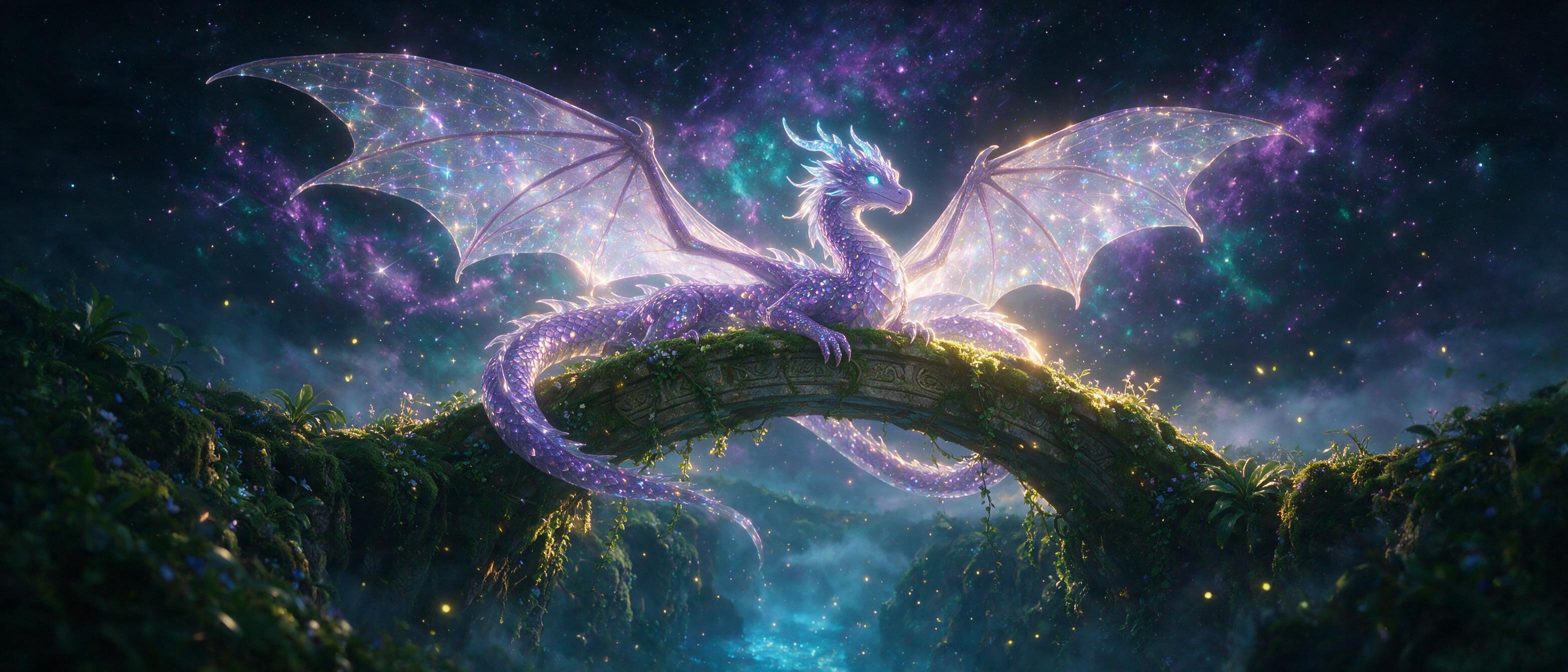 A glowing crystal dragon coiled around a floating stone arch, its wings translucent with starlight, beneath a sky of swirling purple and teal nebulas. Soft mist rises from a mossy abyss below, and tiny fireflies drift around the arch. Golden hour rim light, cinematic composition, shallow depth of fi