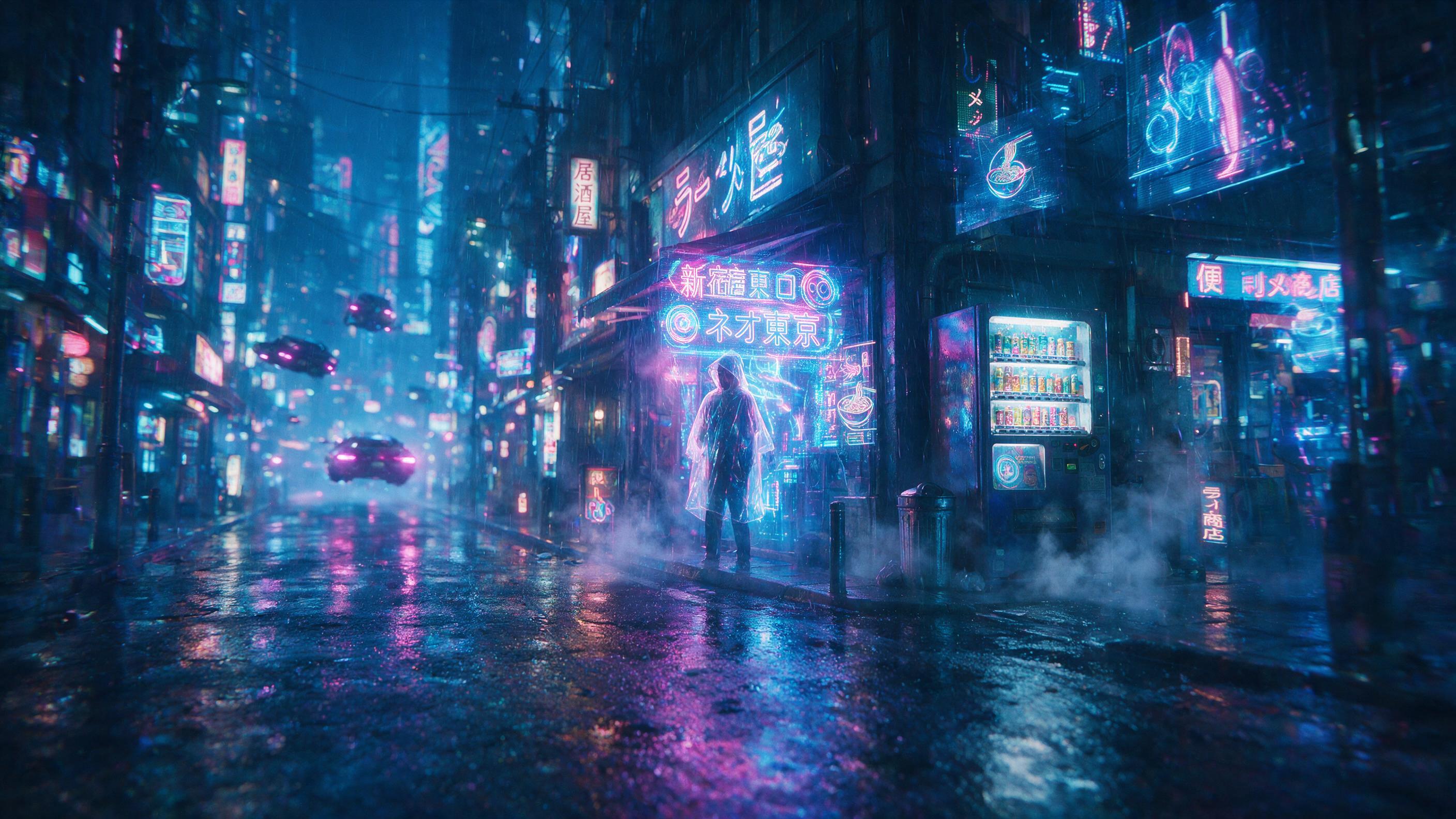 A neon-lit cyberpunk street in Tokyo at midnight, rain-slicked asphalt reflecting holographic ads, a lone figure in a translucent raincoat under a flickering sign, shallow depth of field, slight motion blur from passing hovercars, cinematic lighting with cool blues and warm pinks, mist rising from v