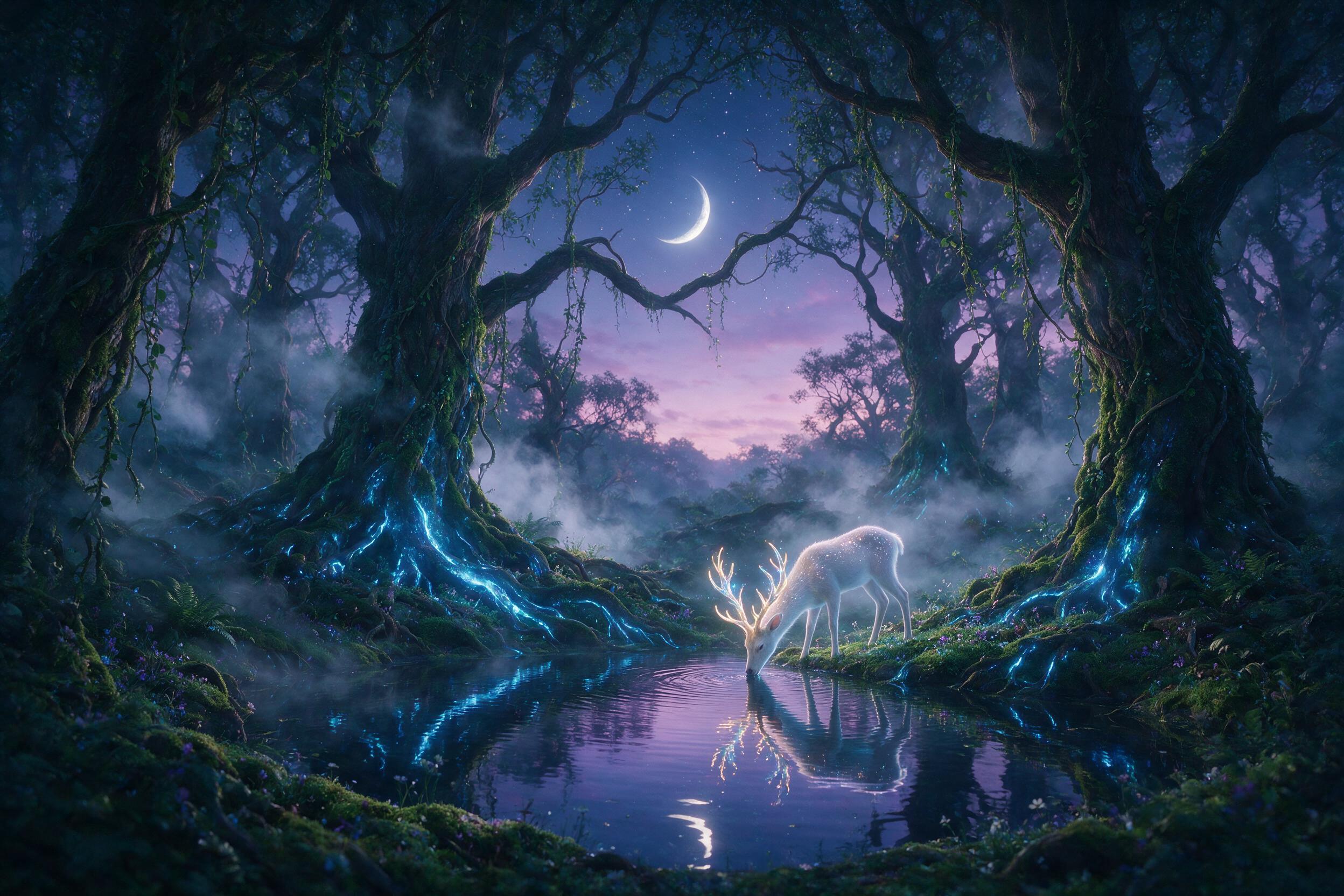 A mystical forest at twilight, ancient trees with glowing blue bioluminescent roots, soft mist weaving through gnarled branches, a single ethereal deer with luminous antlers drinks from a still pond, moonlit reflections, rich teal and purple hues, dreamlike atmosphere, slight vignette.