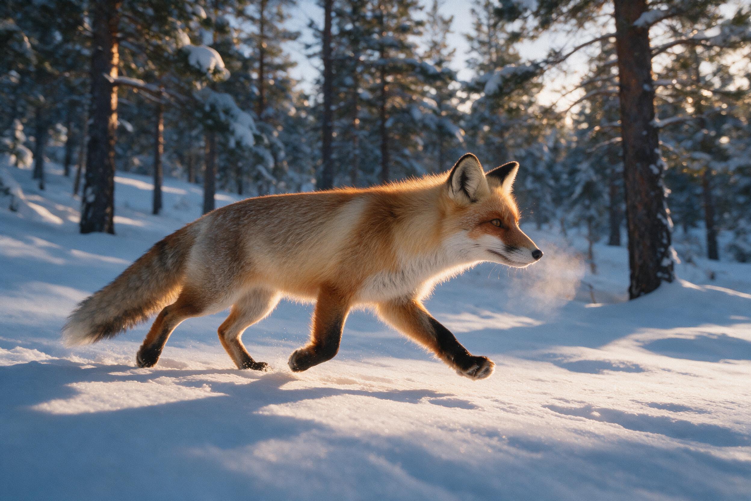 A red fox trotting across a snow-covered pine forest at dawn, its fur catching the golden light, breath visible in the cold air, soft blue shadows, natural minimalism, composition from a low angle, subtle grain