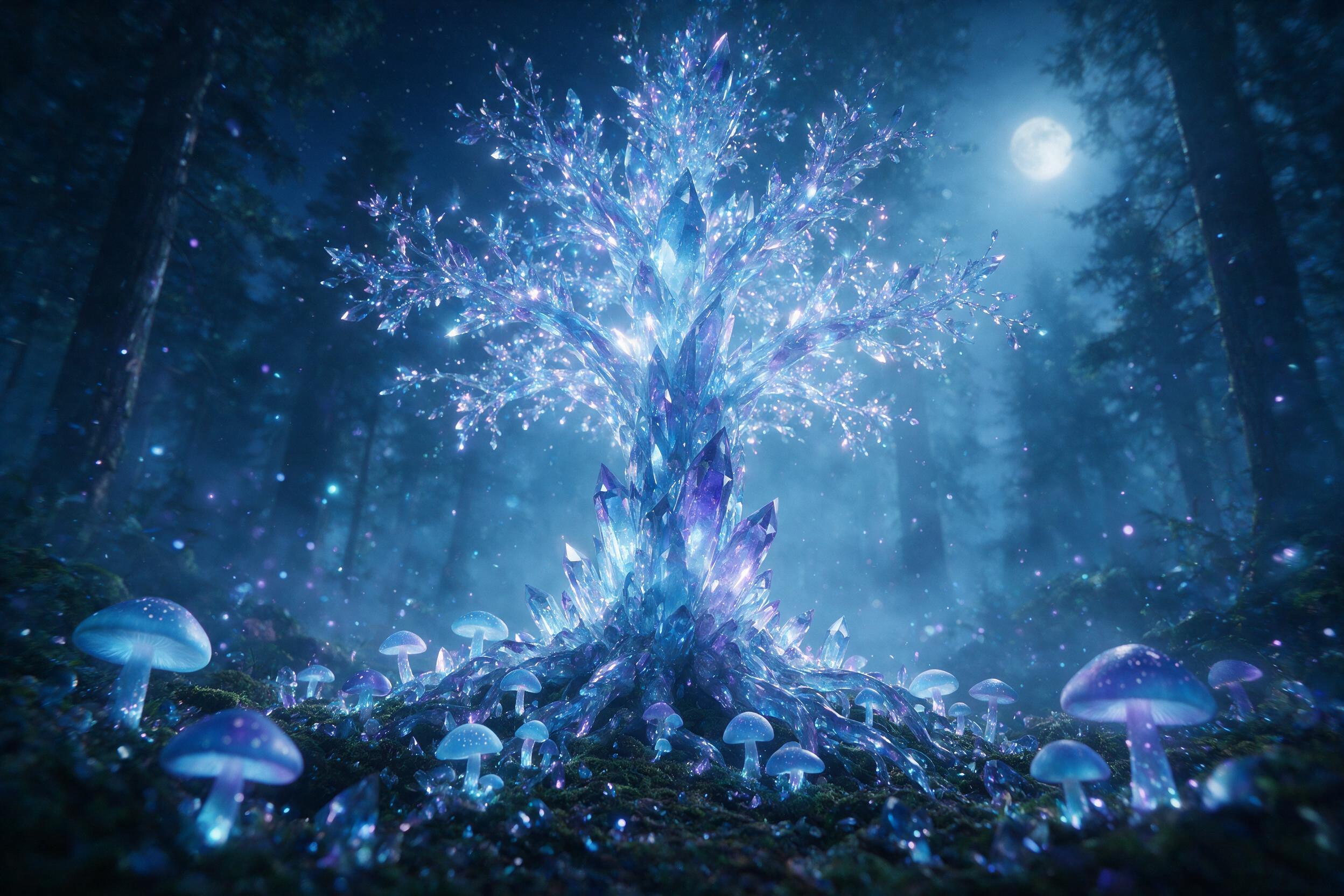 A glowing crystal tree in a misty moonlit forest, roots intertwined with luminous blue mushrooms, soft bioluminescent particles floating in the air, shallow depth of field, cool blue and purple tones, slight camera shake, moody atmosphere