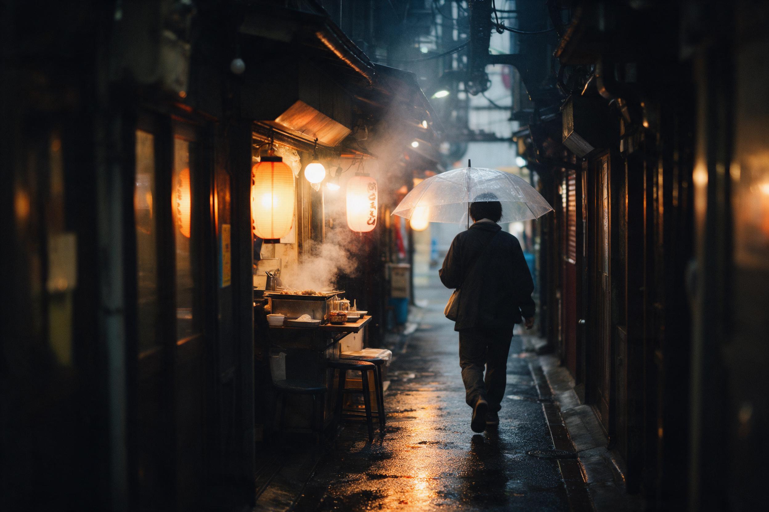 A rainy evening on a narrow Tokyo alley, warm lantern light reflecting on wet pavement, a lone figure with a transparent umbrella walking away, steam rising from a food stall, shallow depth of field, subtle motion blur, natural color palette, moody atmospheric tone