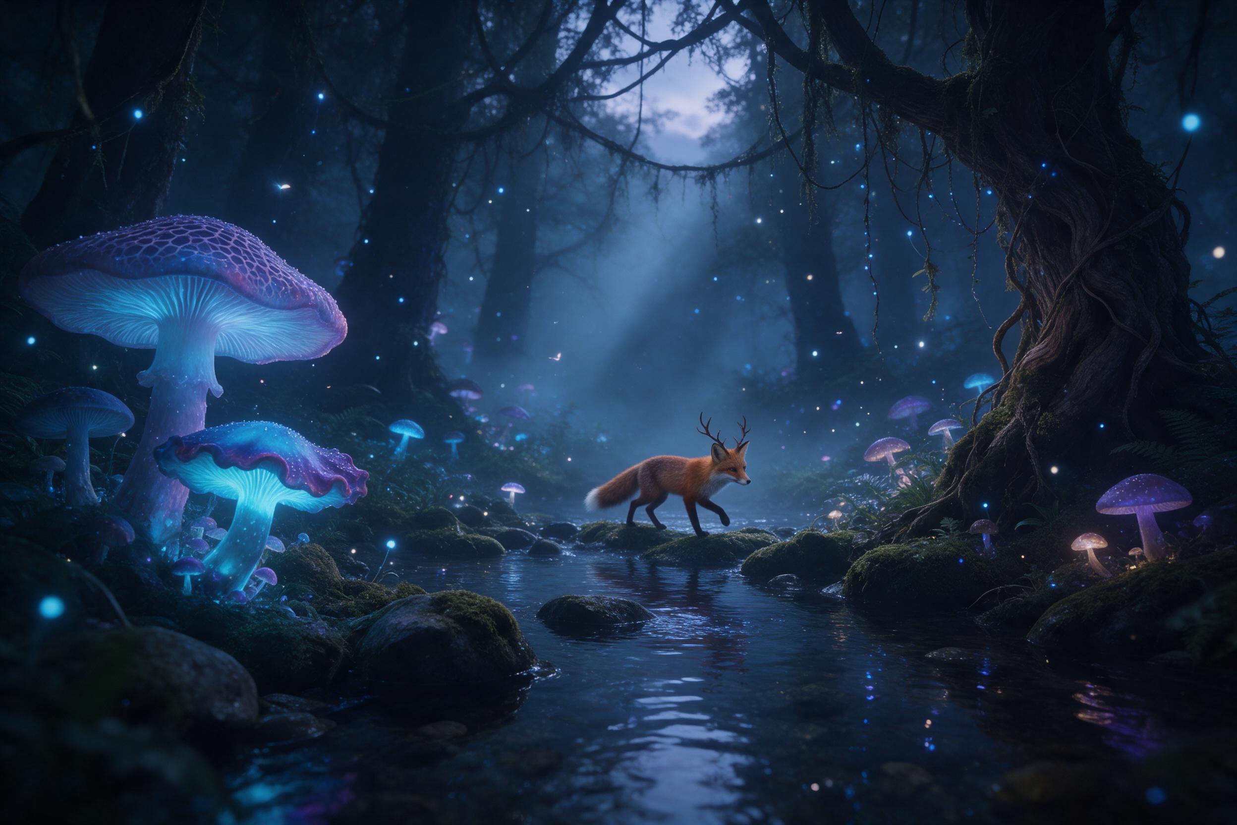A misty bioluminescent forest at twilight, where giant glowing mushrooms and hanging vines emit soft blue and violet light, a small fox with antlers slowly walks across a mossy stream, fireflies dancing in the air, volumetric light rays piercing through fog, cinematic composition, depth of field, su