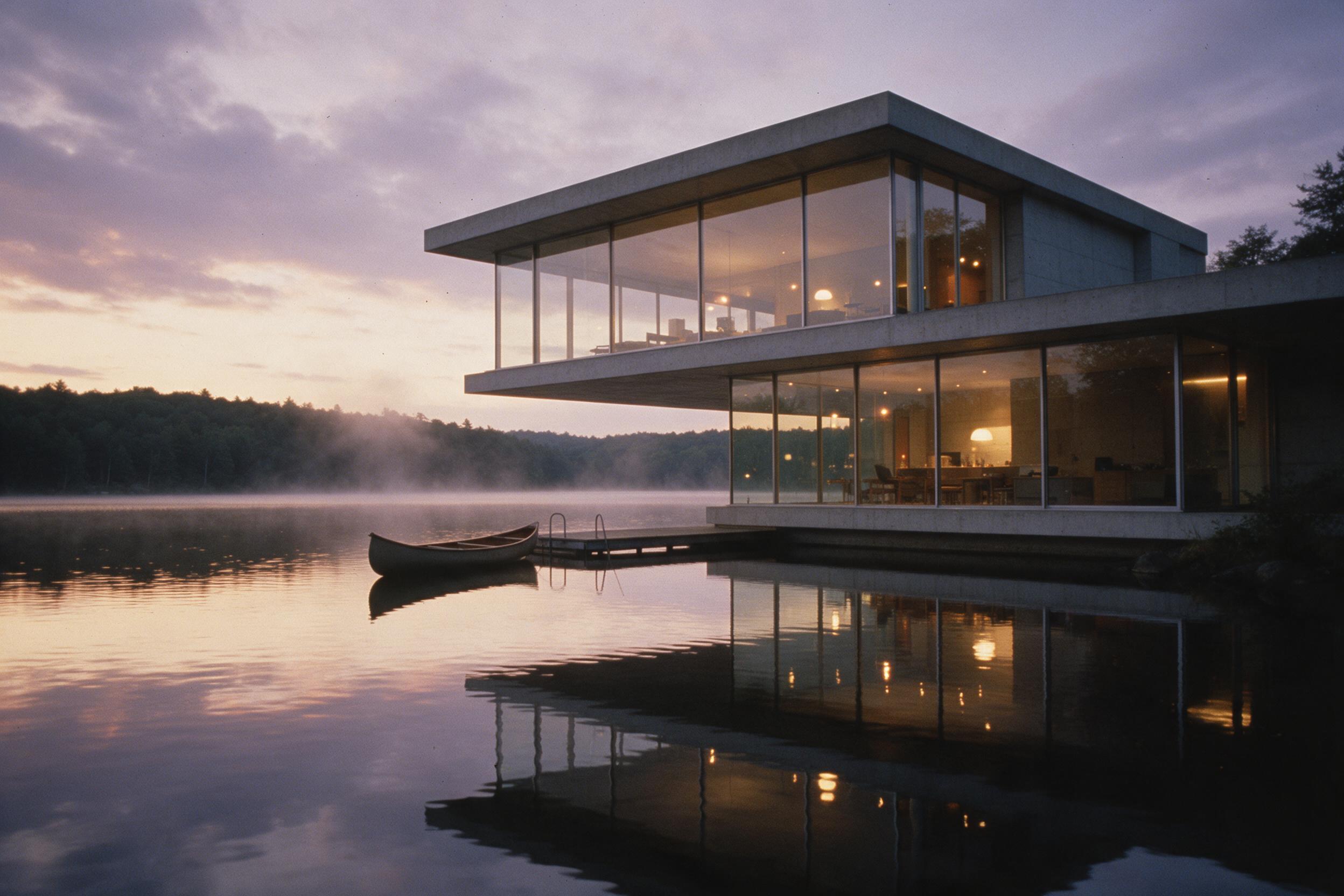 A minimalist concrete house with floor-to-ceiling glass walls overlooking a calm lake at dusk, warm interior lights glowing, reflections on the water, a lone canoe at the dock, mist rising from the forested shore, soft purple and orange sky, shot on 35mm film, slight grain, natural composition with 