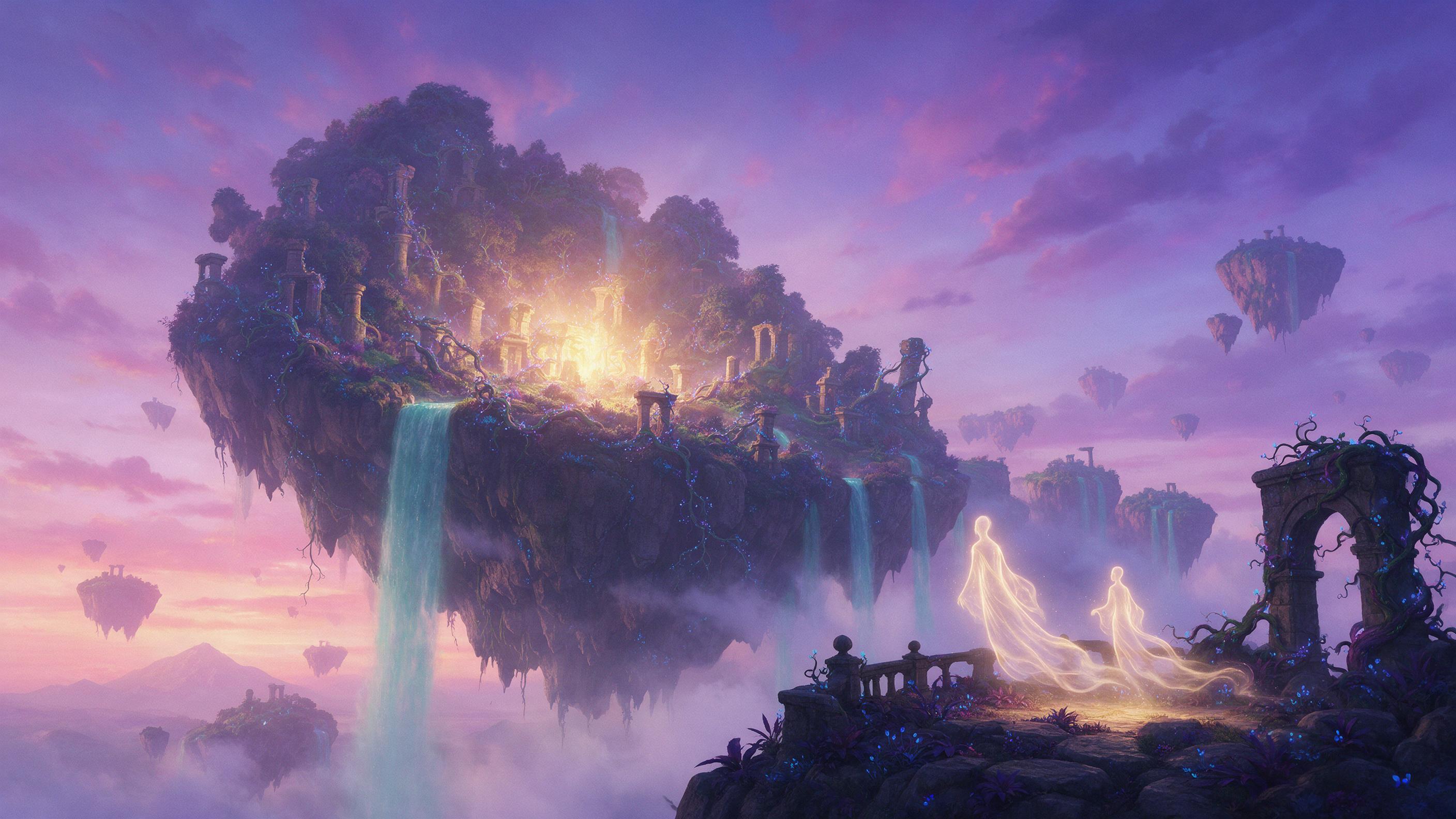 A luminous floating island at dusk, turquoise waterfalls cascading into misty void, bioluminescent vines wrapping around ancient stone ruins, two glowing spirits in flowing robes gazing from cliff edge, warm golden light from island core against cool purple sky, soft dreamlike haze, layered perspect