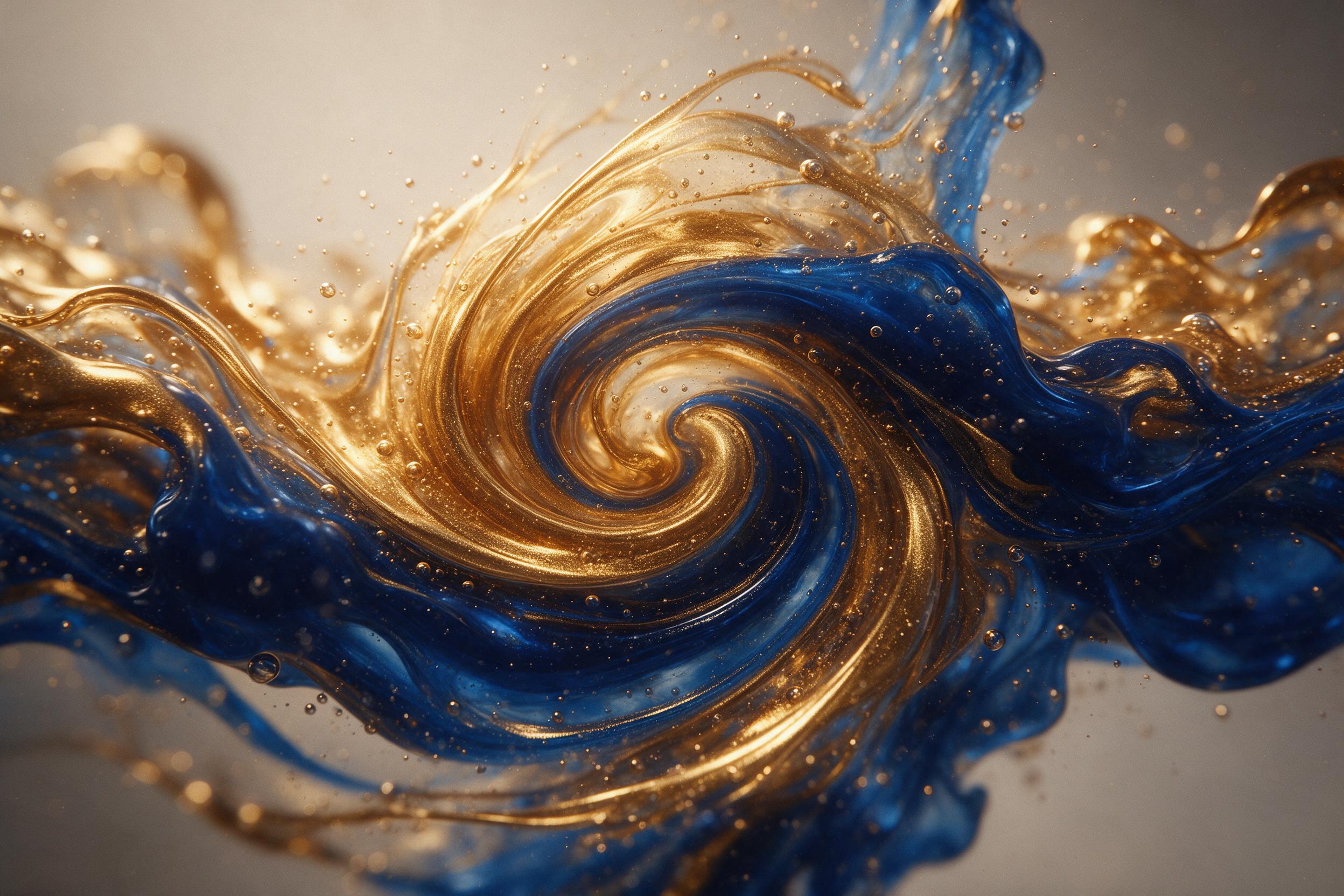 Swirling liquid gold and deep sapphire merge in a macro fluid art shot, backlit by warm edge light, with fine bubbles and metallic swirls reflecting soft studio glow. Centered composition, shallow depth of field, slight grain for tactile texture. No text or watermark, clean background.