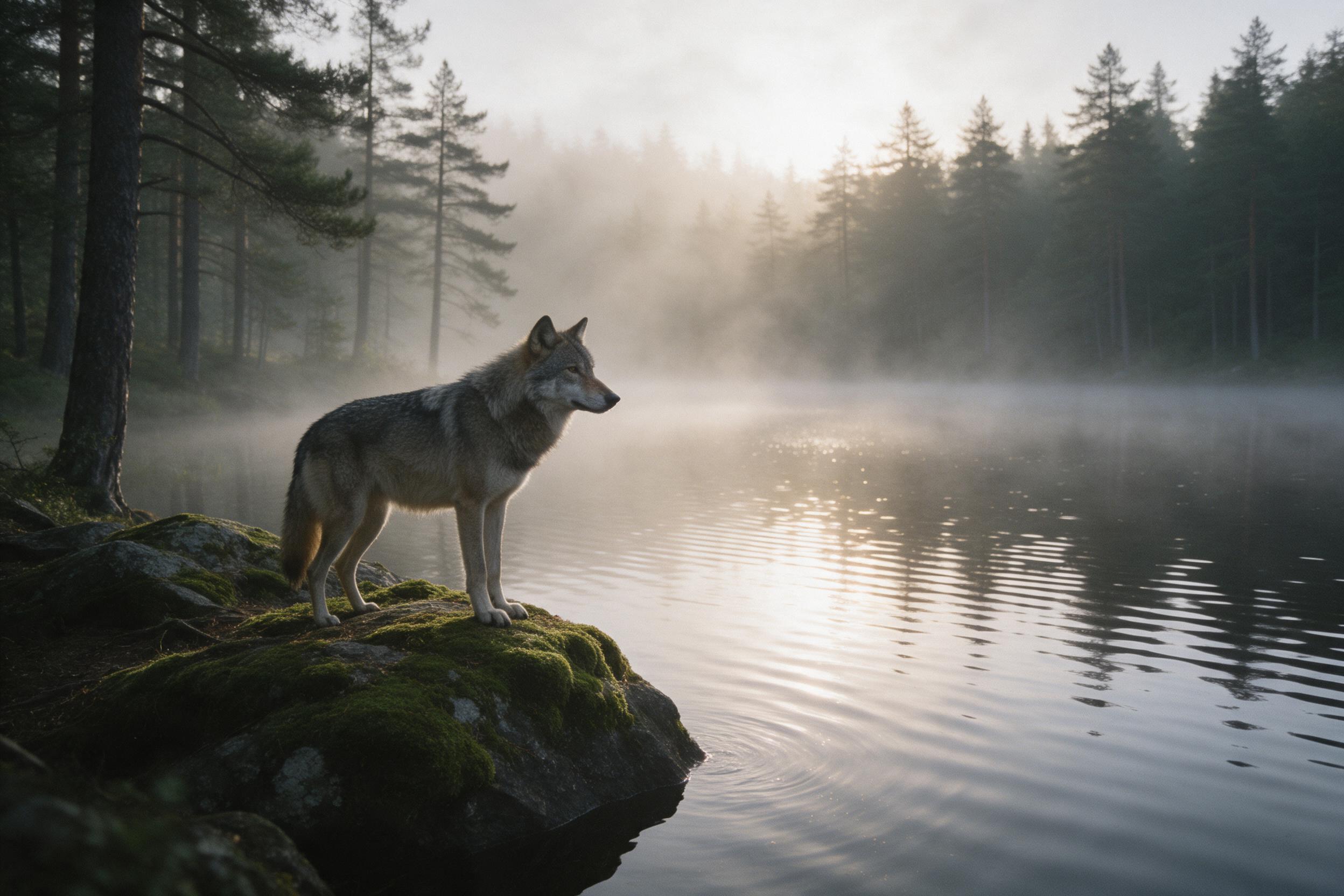 A lone gray wolf stands on a moss-covered rock beside a misty pine forest lake at dawn. Soft golden light filters through fog, reflecting on rippling water. Foreground sharp, background soft haze. Slight grain, natural color palette.