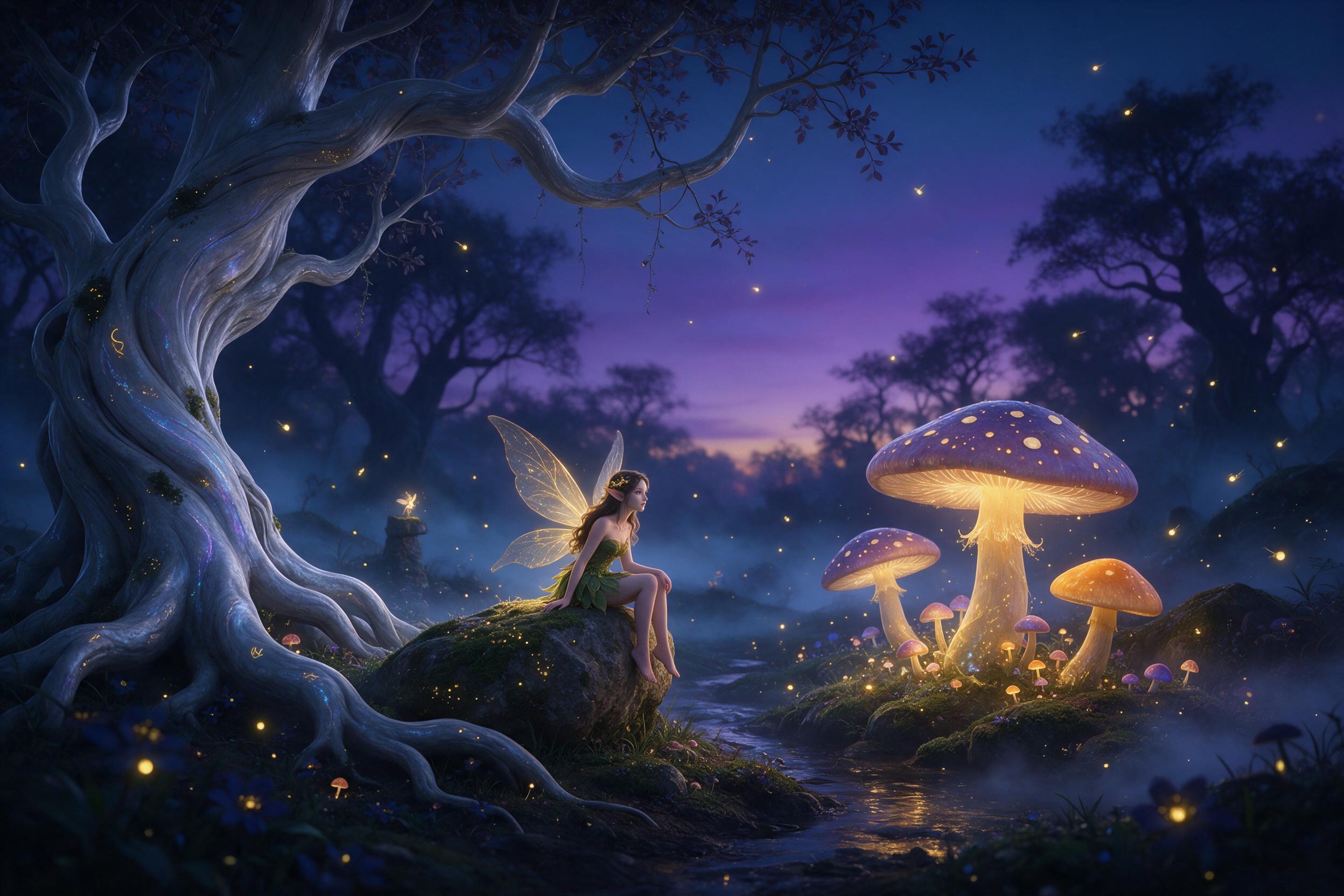 Enchanted forest clearing at twilight, giant glowing mushrooms casting soft bioluminescent light, a small fairy with translucent wings perched on a mossy rock, ancient twisted trees with silver bark, fireflies dancing in the air, mist creeping along the ground, deep blue and purple tones with warm o