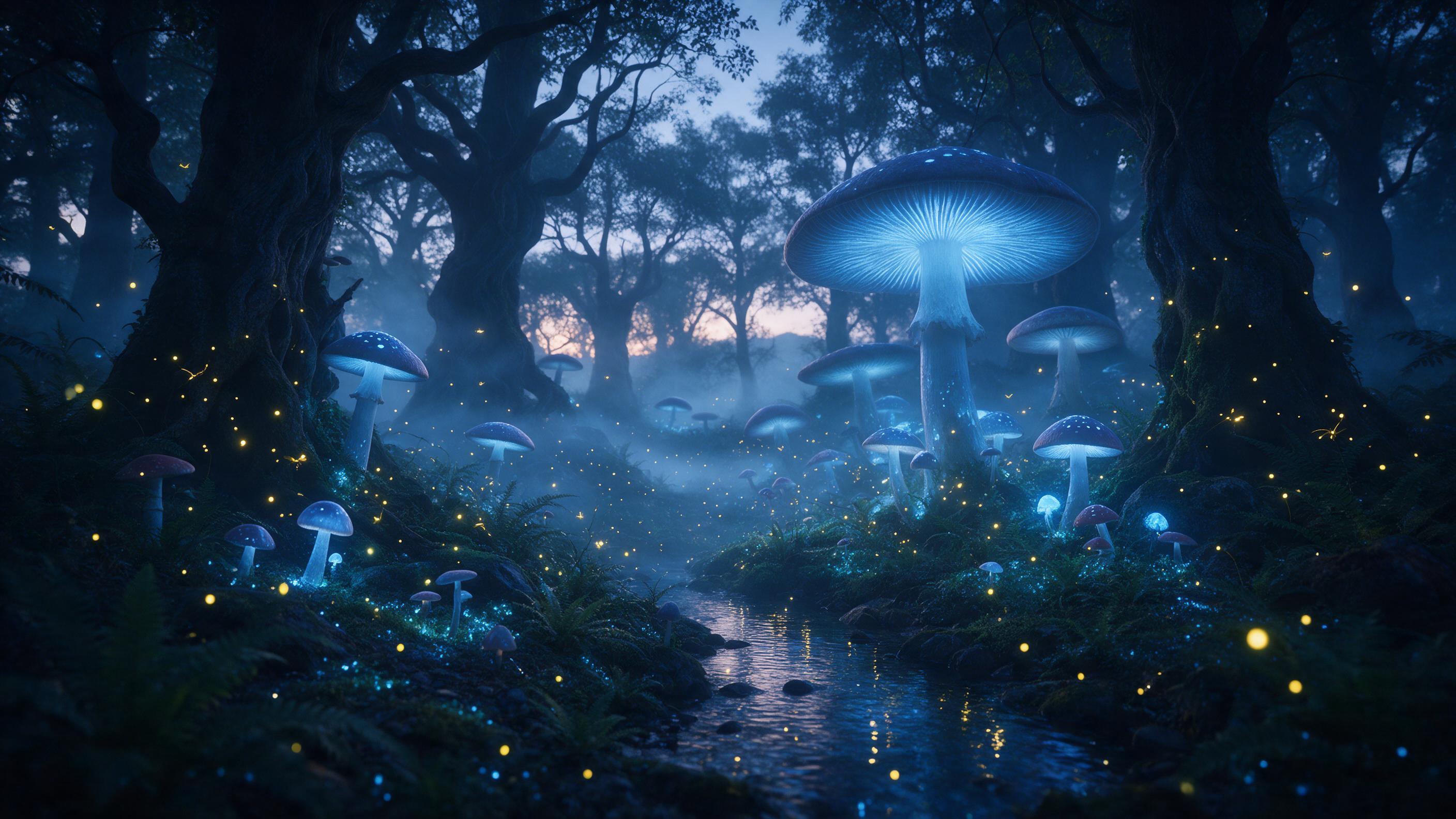 A luminous forest at twilight where giant mushrooms emit soft blue bioluminescent glow, ethereal mist drifting between ancient twisted trees, a small crystal-clear stream reflecting the shimmering light, fireflies creating trails of gold, ferns and moss carpeting the ground with faint phosphorescent