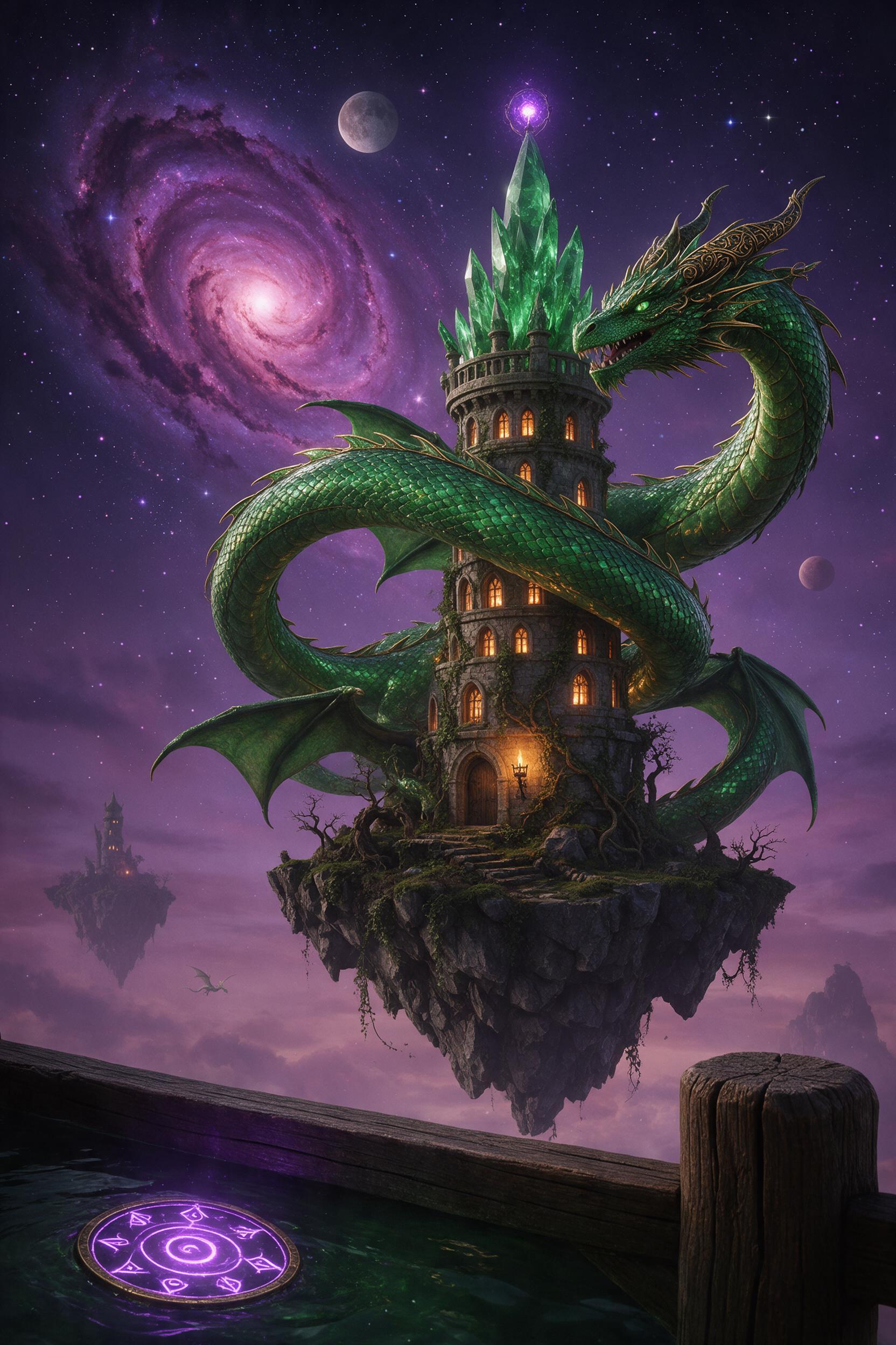 An ancient emerald dragon, scales glinting in twilight, coils around a crystal-spired wizard's tower perched on a floating island. Two small moons and a swirling nebula fill the deep violet sky. Warm torchlight spills from arched windows below, casting a soft amber glow over mossy stone. Foreground 