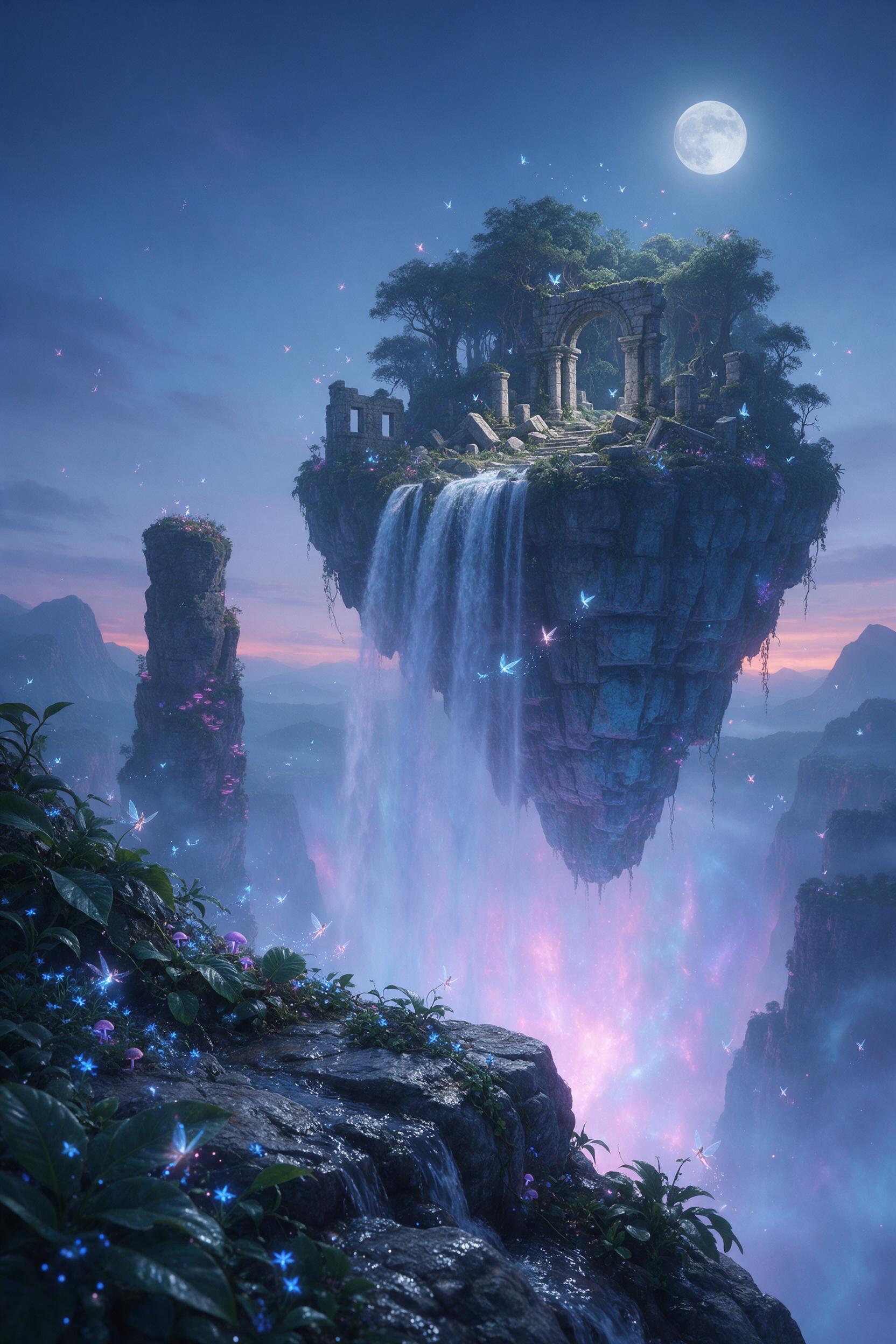 A moonlit floating island with a waterfall cascading into a glowing abyss, surrounded by luminescent flora and ancient stone ruins. Ethereal mist and soft blue-pink twilight lighting, with tiny fairies darting among the leaves. Shot from a low angle, emphasizing the towering cliffs and the vast, sta