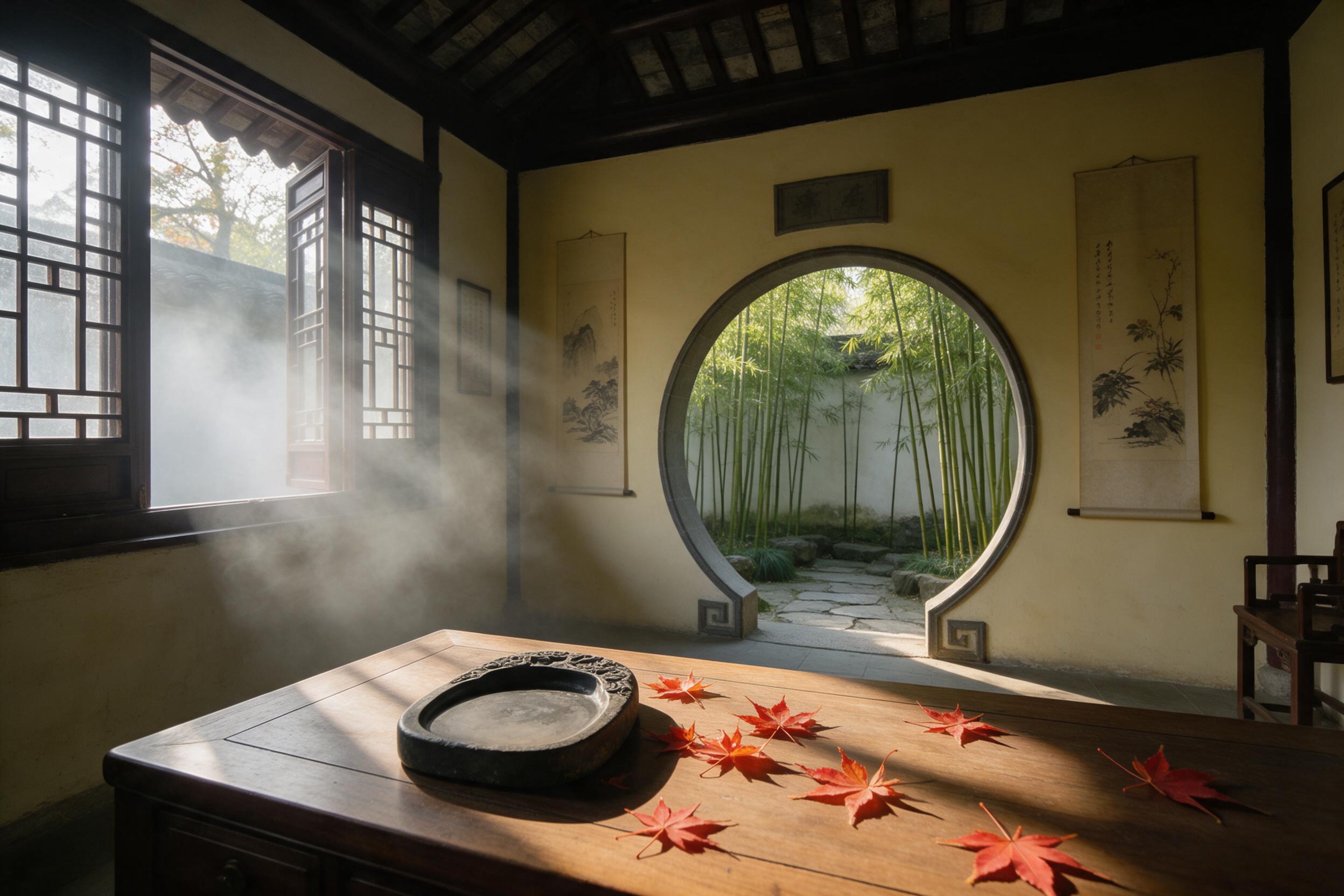 A quiet Chinese scholar's study in the Qing dynasty era, with soft morning mist drifting through a latticed window, a moon-gate doorway revealing a bamboo courtyard, ink-wash paintings and calligraphy scrolls adorning pale yellow walls, a wooden desk holding an antique inkstone and fire-red maple le