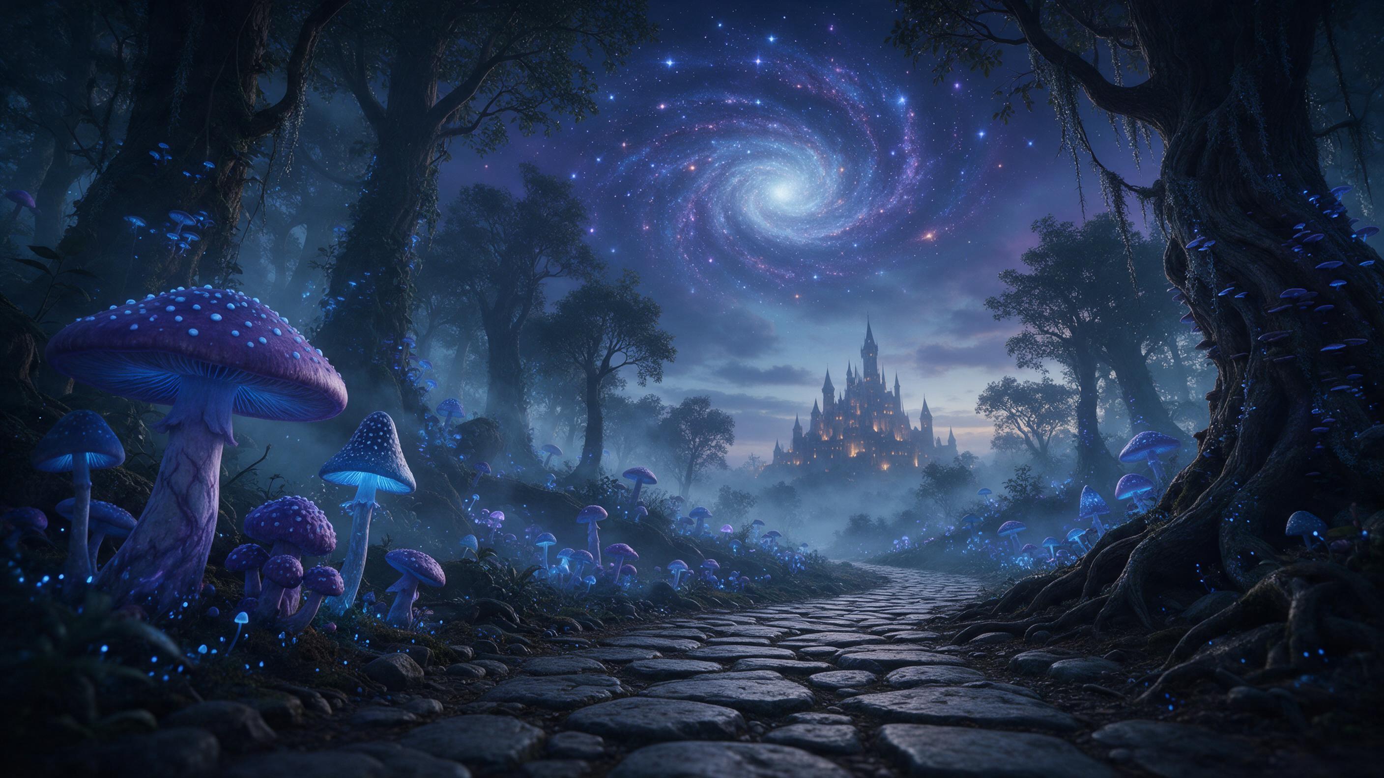 An ancient, bioluminescent forest at twilight where giant mushrooms emit soft blue and violet light. A winding stone path leads to a distant glowing castle. Fog drifts between towering trees. Overhead, a swirling portal of stars and cosmic dust. Composition: low angle from the path, depth of field, 