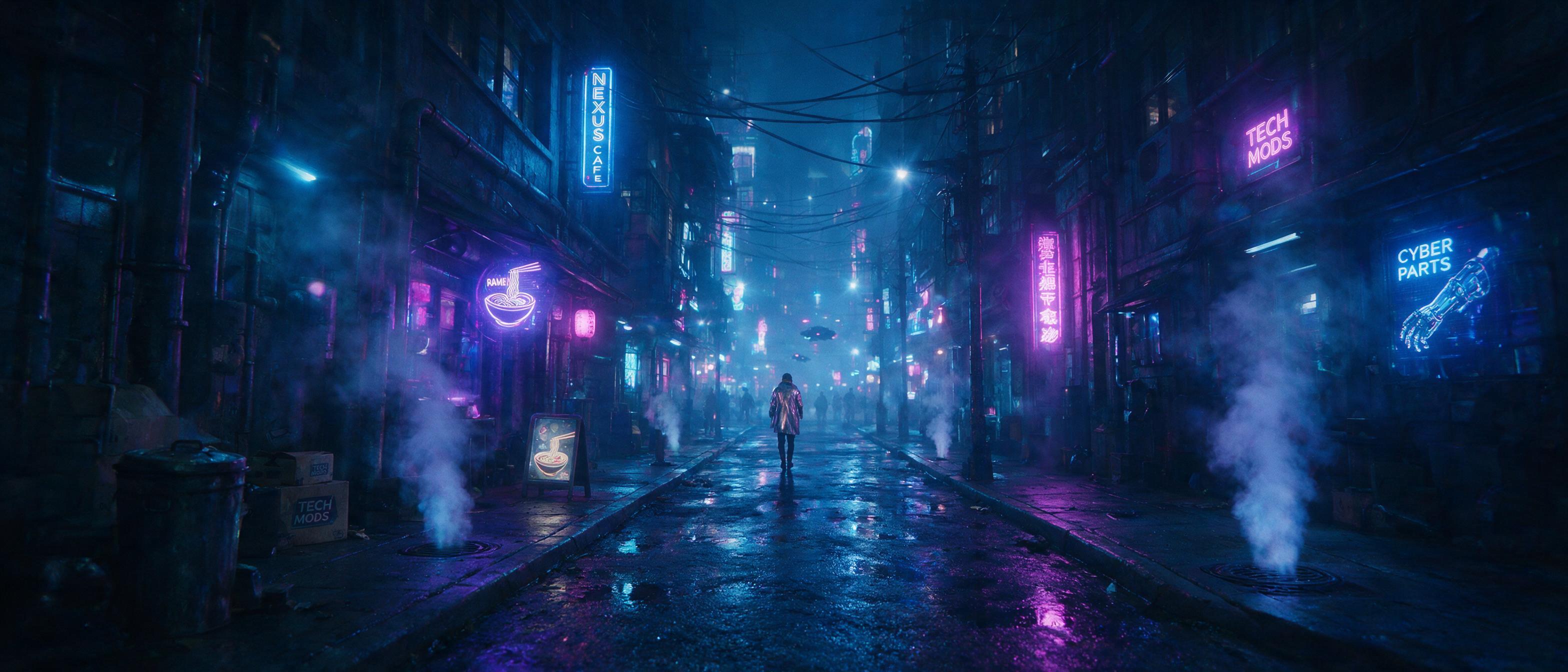 A neon-lit cyberpunk alleyway at night, rain-slicked asphalt reflecting holographic signs, steam rising from vents, a lone figure in a metallic coat walking away, slight lens flare, blue and magenta tones, cinematic composition