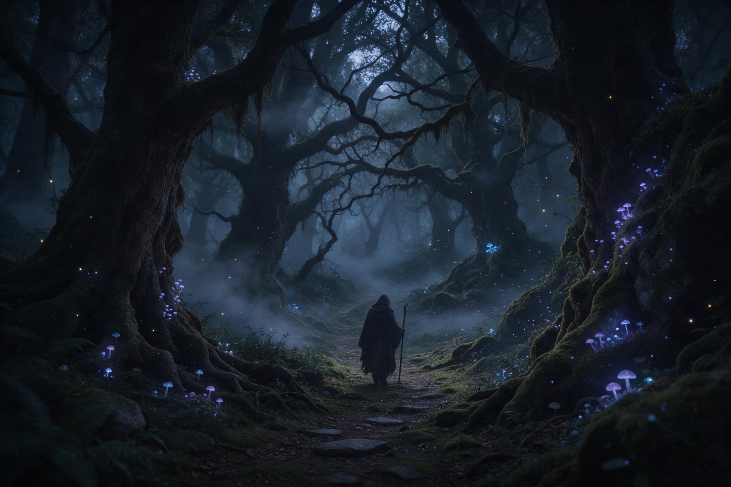 An ancient, glowing forest at twilight where bioluminescent mushrooms and floating spores cast soft blue-violet light, a lone cloaked figure with a staff walks a mossy path, mist weaving between gnarled trees, fireflies drifting, cinematic wide shot, atmospheric depth, muted greens and ethereal glow