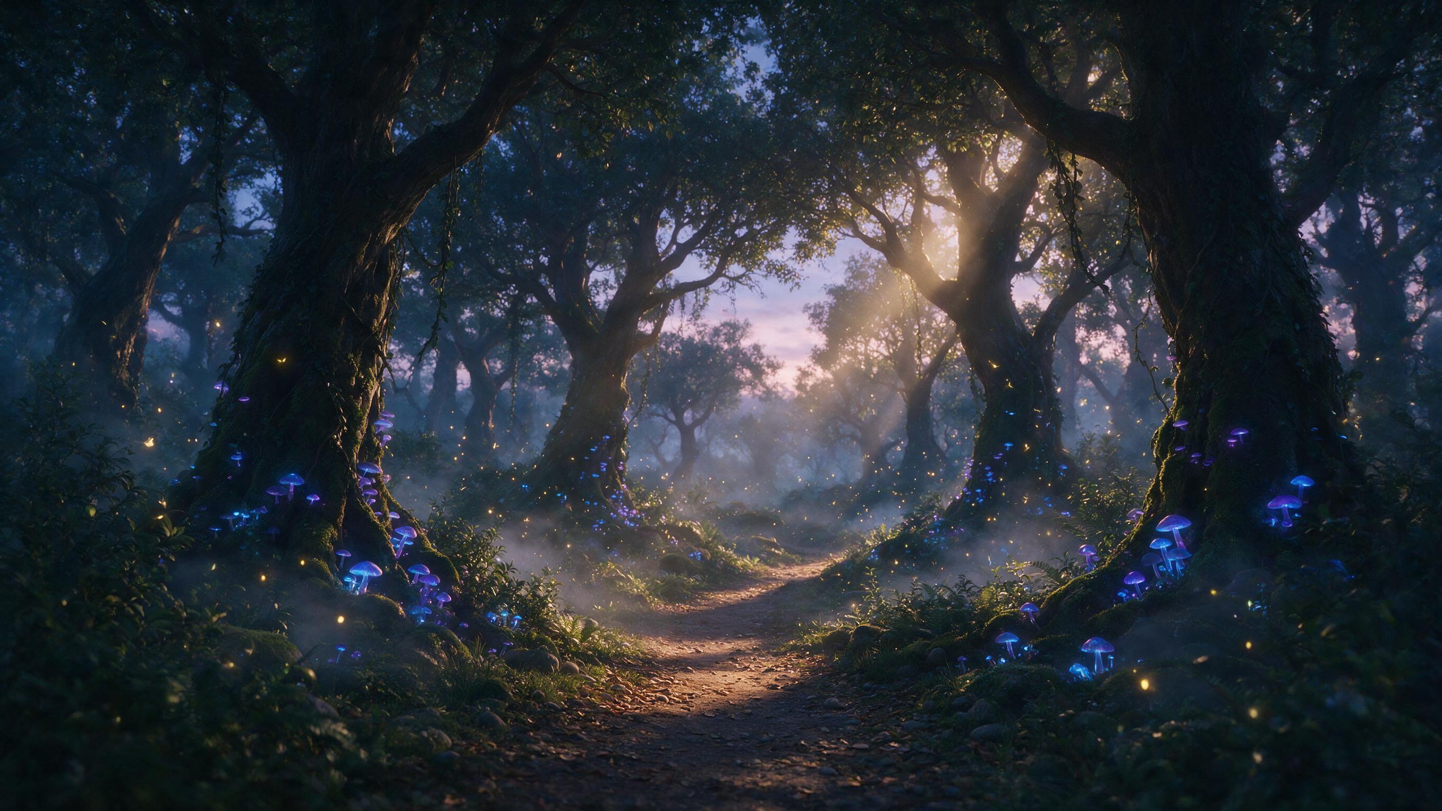 An enchanted forest at twilight, ancient trees with glowing blue and purple mushrooms at their roots, soft mist weaving through the air, ethereal fireflies dancing in golden light, a narrow winding path leading deeper into the woods, cinematic composition, warm amber light breaking through the canop