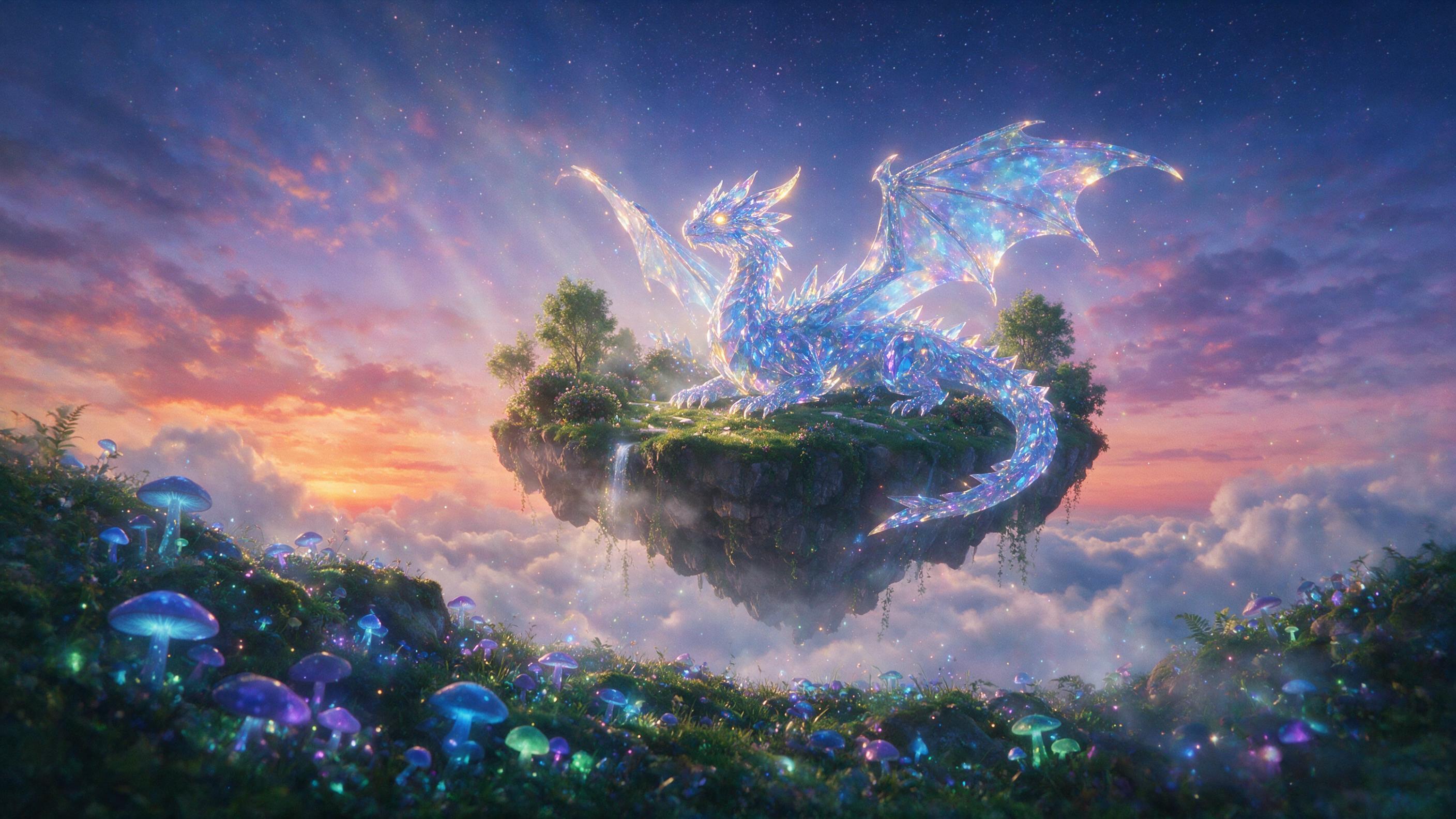 A glowing crystal dragon coiled around a floating island in a twilight sky, with bioluminescent mushrooms and distant stars, soft mist and ethereal light beams, cinematic composition, dreamlike atmosphere, slight grain, natural lighting