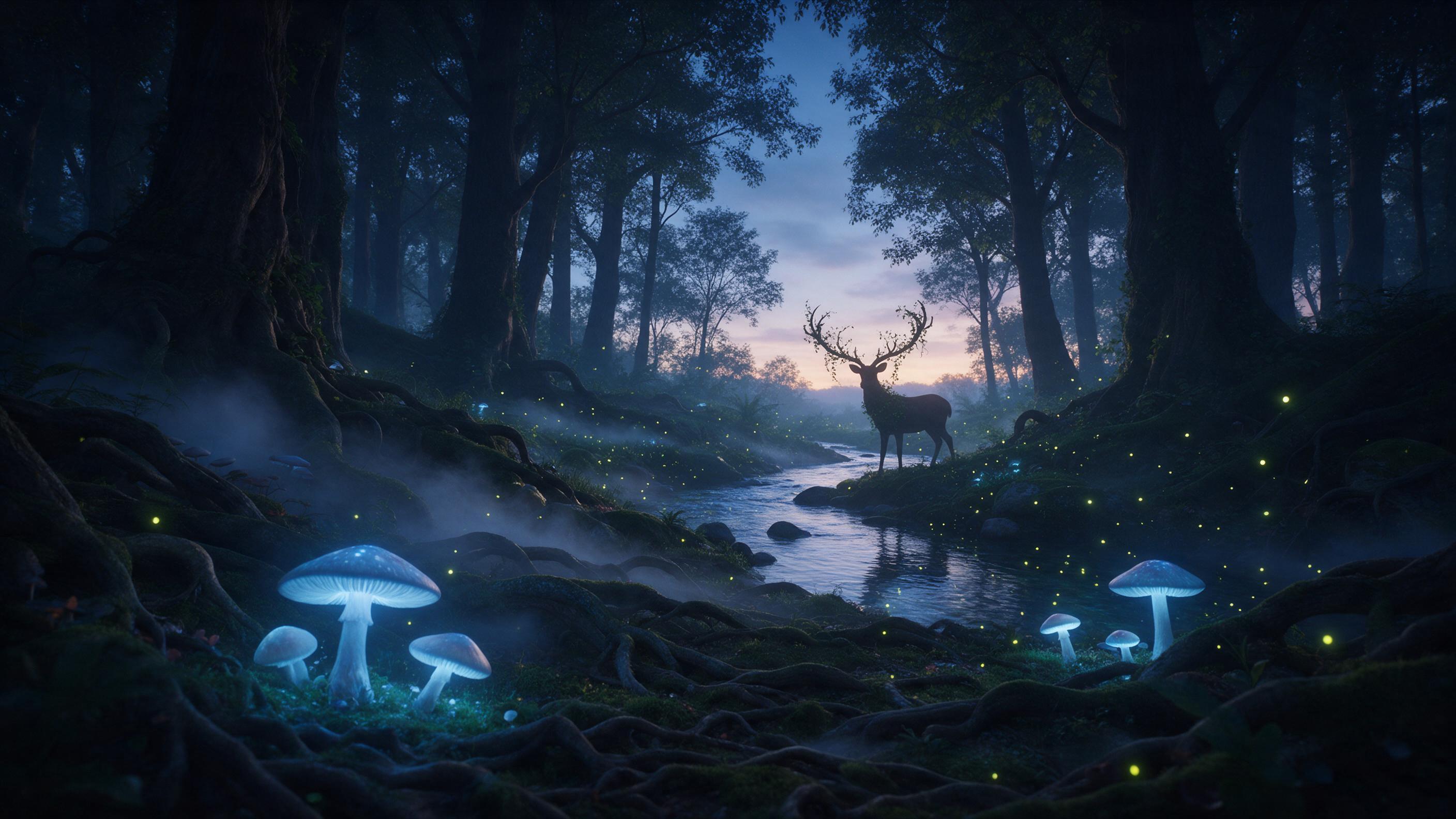 An ancient forest at twilight, giant glowing mushrooms casting soft blue light on mossy ground, ethereal fireflies swirling around a crystal-clear creek, a silhouetted deer with antlers wrapped in creeping vines, mist weaving between twisted roots, quiet magical atmosphere, natural color grading wit