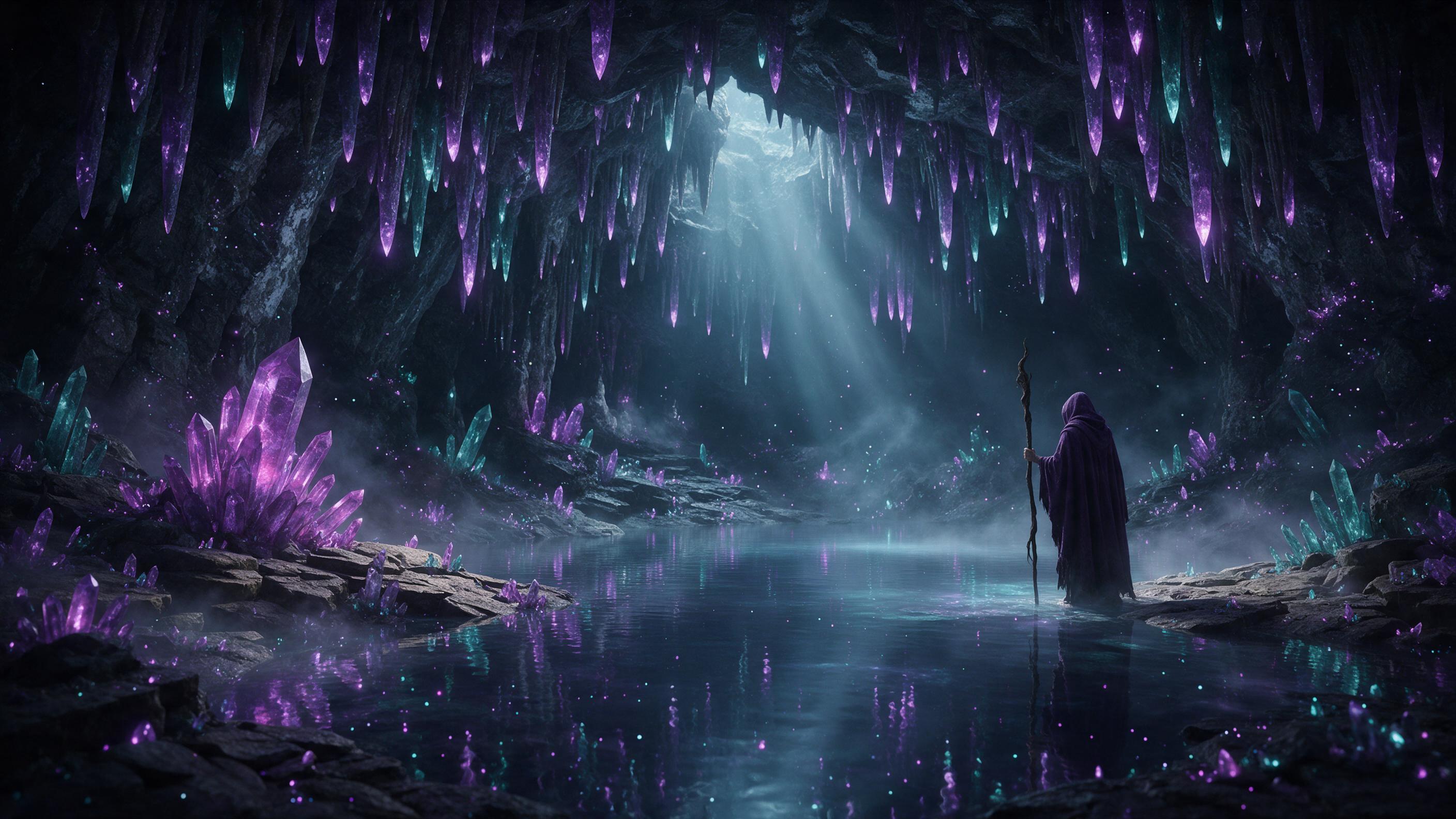 A bioluminescent crystal cave, glowing purple and teal stalactites, a reflective underground lake mirroring the shimmering rocks, mist curling, a lone hooded figure with a staff standing at the shoreline, soft ethereal light rays piercing from a hidden ceiling crack, dark, moody atmosphere with scat