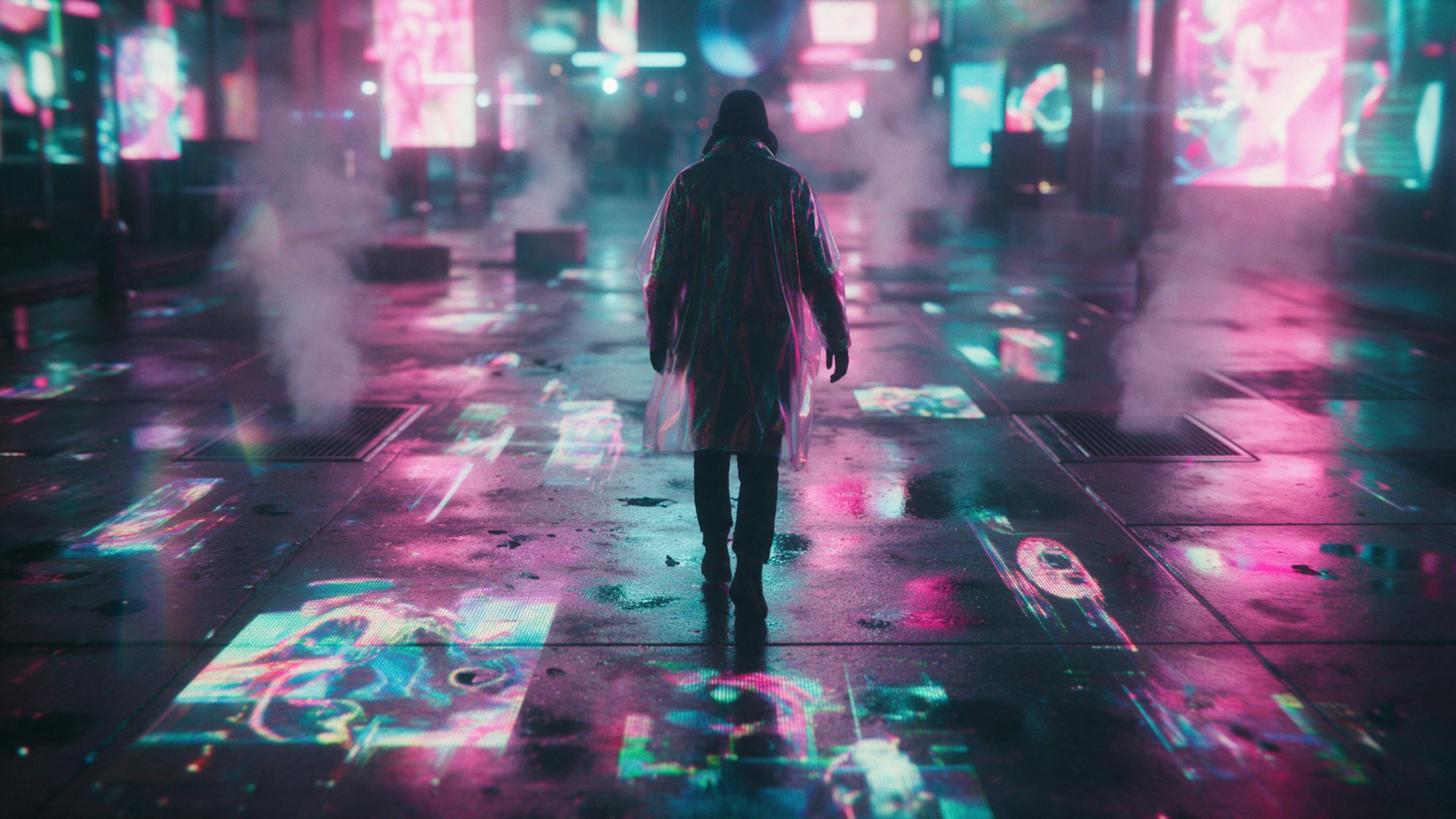 A neon-lit rain-slicked alley in a cyberpunk city, holographic ads flickering on wet concrete, steam rising from vents, a lone figure in a reflective coat walking away, neon pink and cyan glow, shallow depth of field, slight lens flare