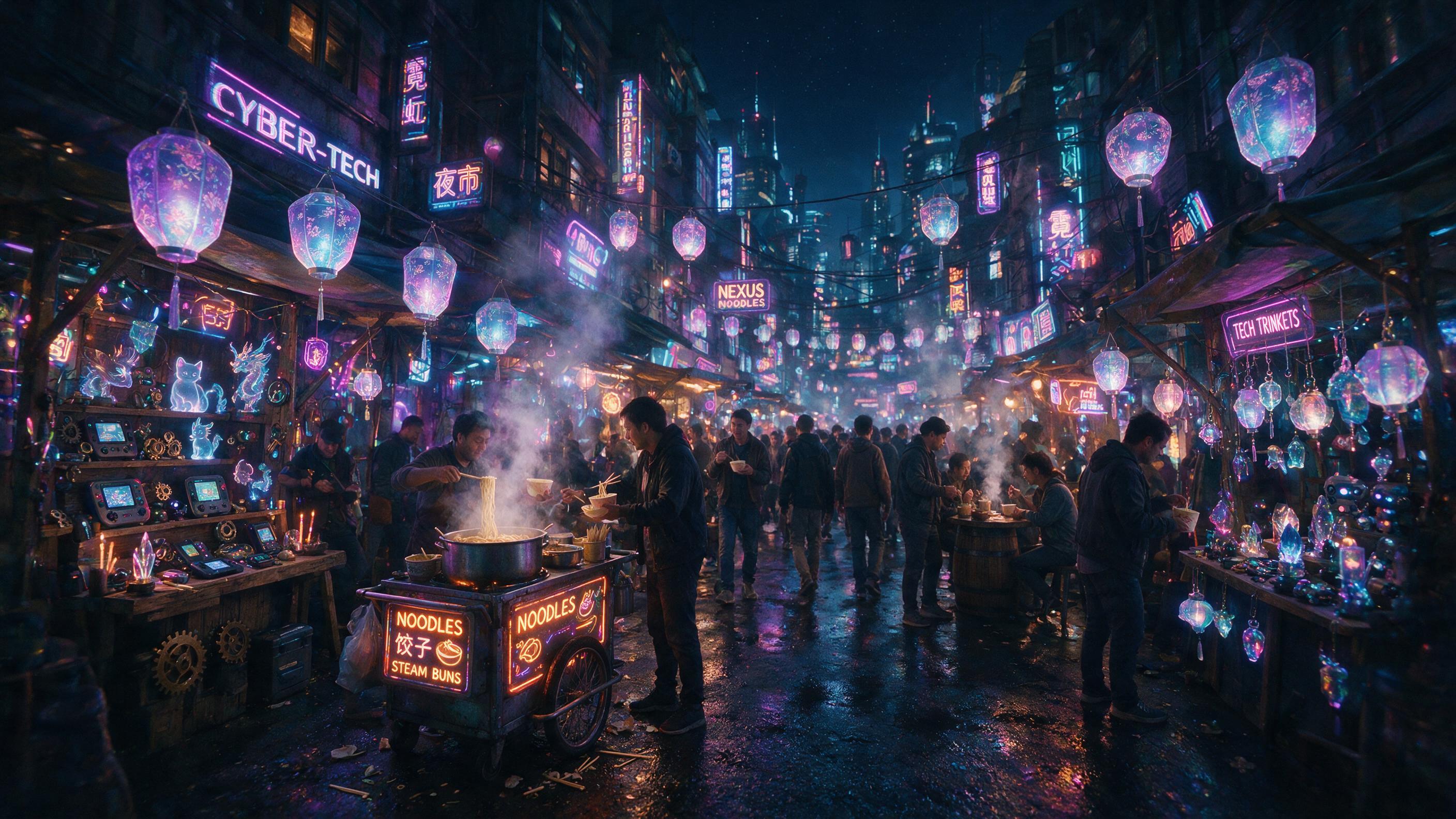 A neon-lit cyberpunk street market at midnight, holographic lanterns casting purple and blue light on wet asphalt, stalls with glowing tech trinkets, steam rising from a noodle cart, slight camera shake, natural grain