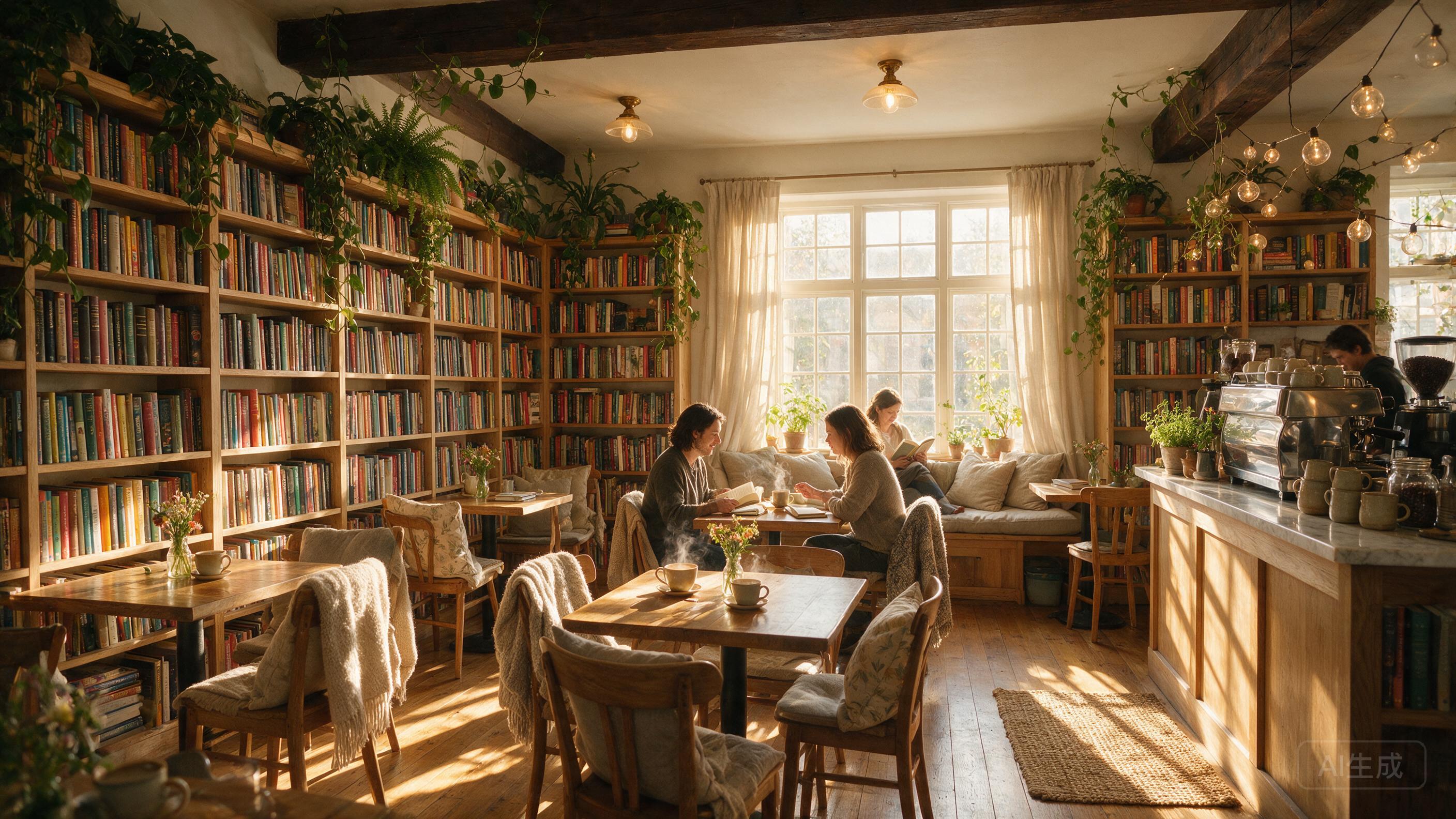 Cozy bookstore cafe interior, warm wood tones, afternoon sunlight through windows, plants hanging, hygge atmosphere