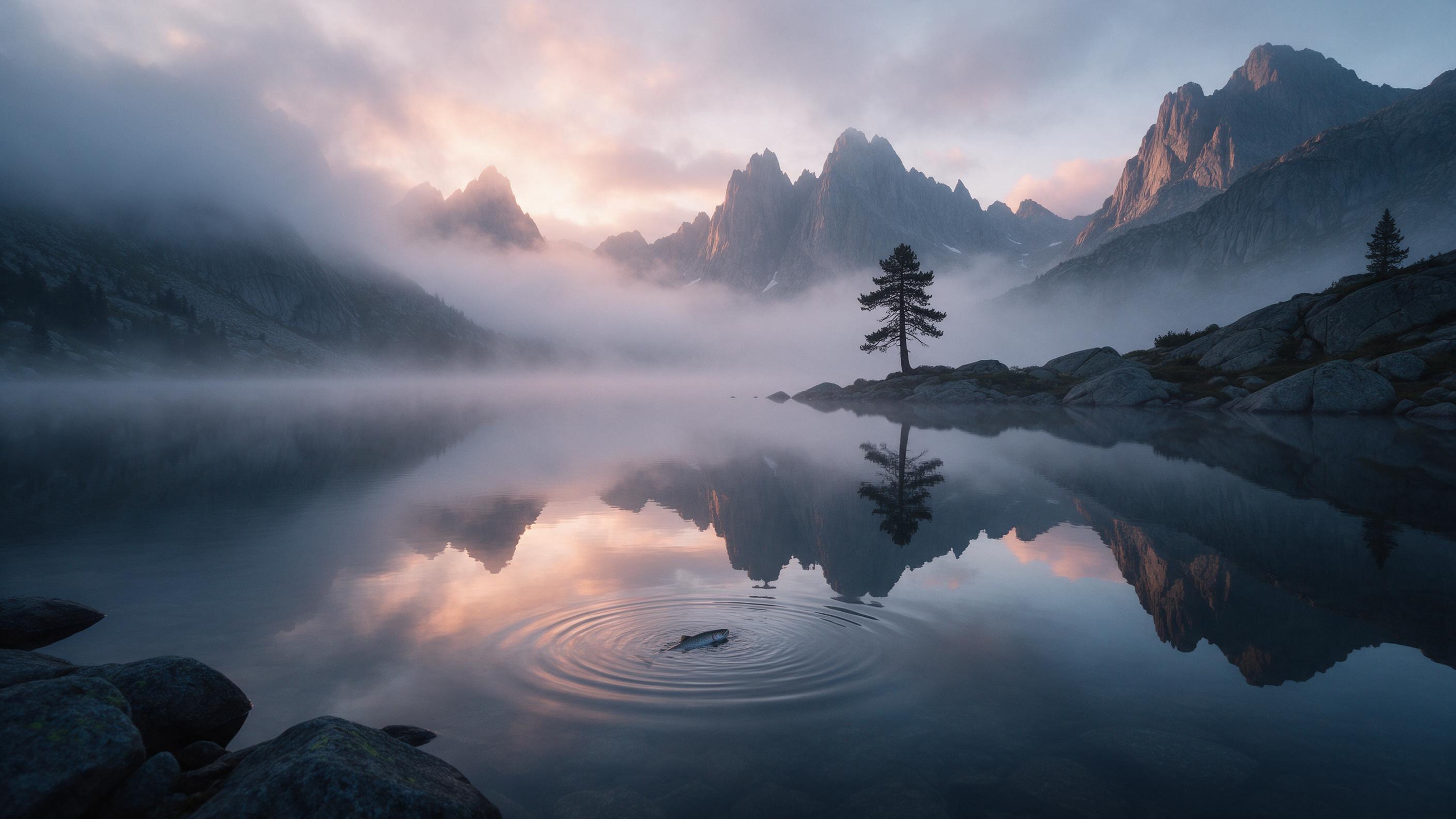 A misty alpine lake at dawn, mirror-calm water reflecting jagged granite peaks, soft pink and orange light breaking through low clouds, a lone pine tree silhouetted on the rocky shore, gentle ripples from a rising trout, cool blue shadows in the foreground, serene and untouched wilderness.