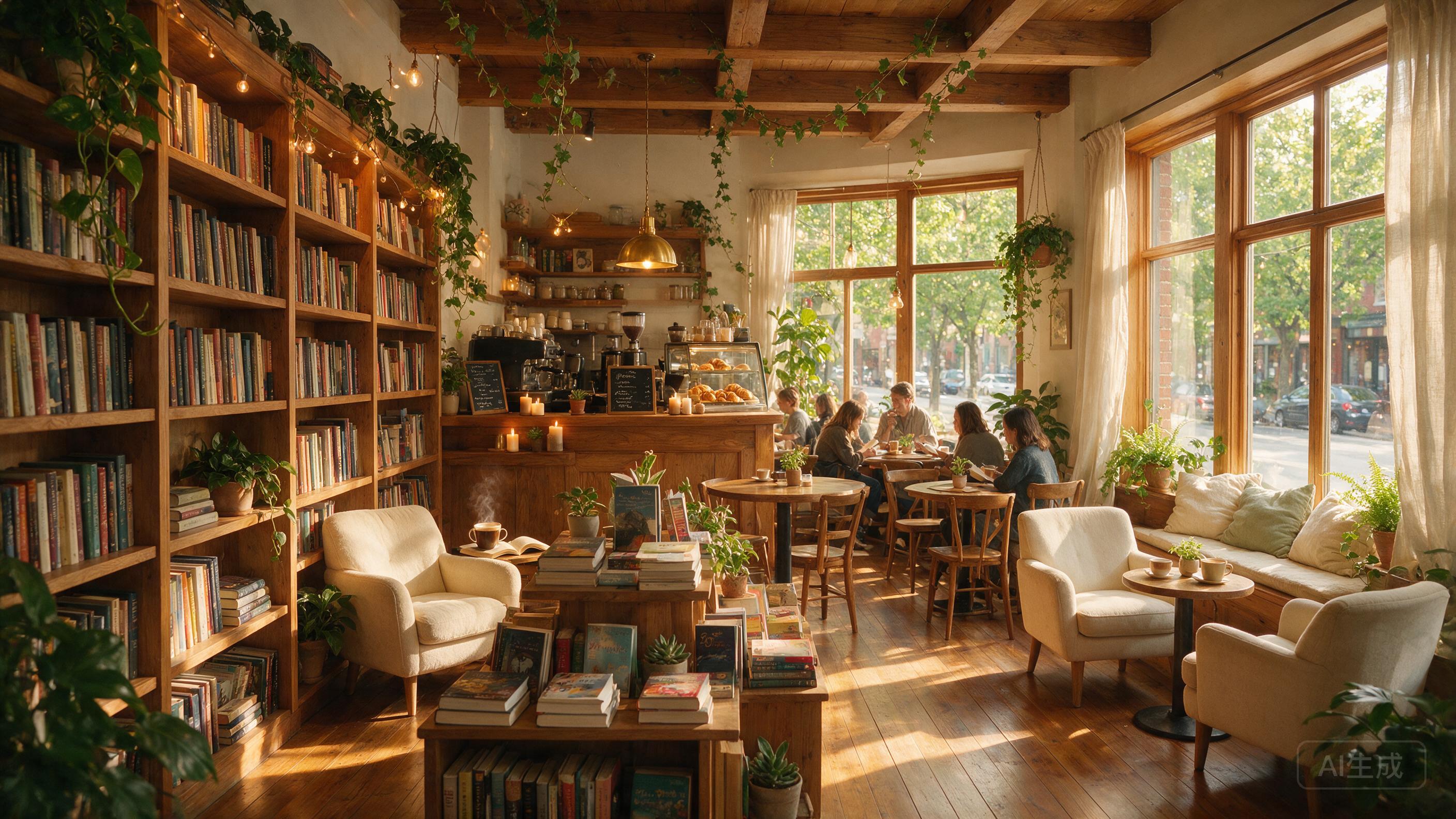 Cozy bookstore cafe interior, warm wood tones, afternoon sunlight through windows, plants hanging, hygge atmosphere
