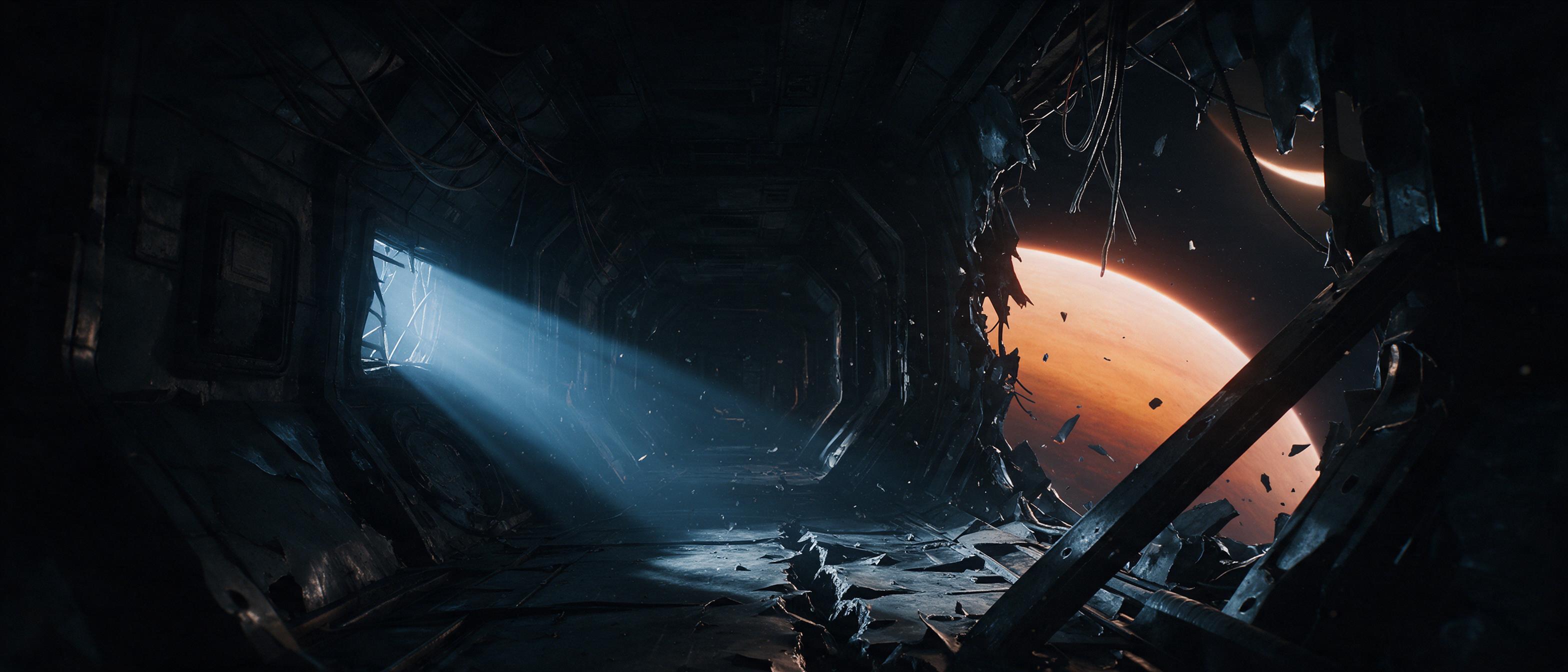 A derelict space station corridor, torn metallic walls with exposed cables, floating dust motes catching a single beam of cold blue light from a broken window, a distant planet glowing orange through the gap, cinematic wide shot with deep shadows and high contrast.