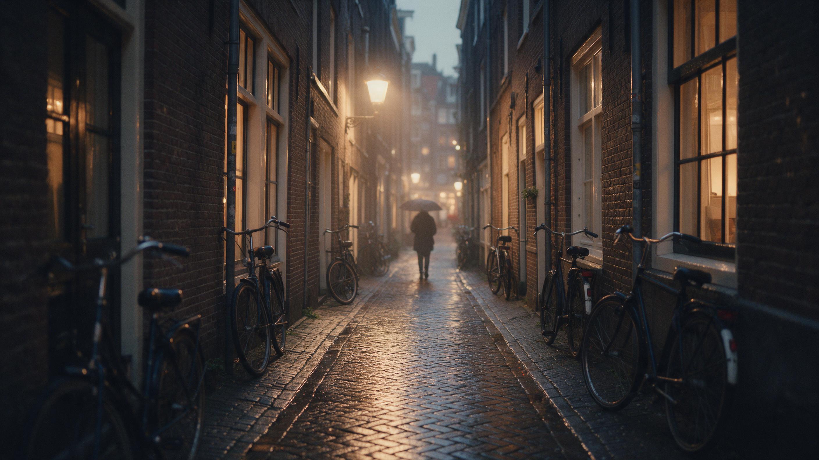A narrow Amsterdam alley at dusk, cobblestones wet from recent rain reflecting warm window light, bicycles leaning against brick walls, a lone figure with an umbrella walking away, soft haze from street lamps, shallow depth of field, natural color grading with muted tones, slight film grain.