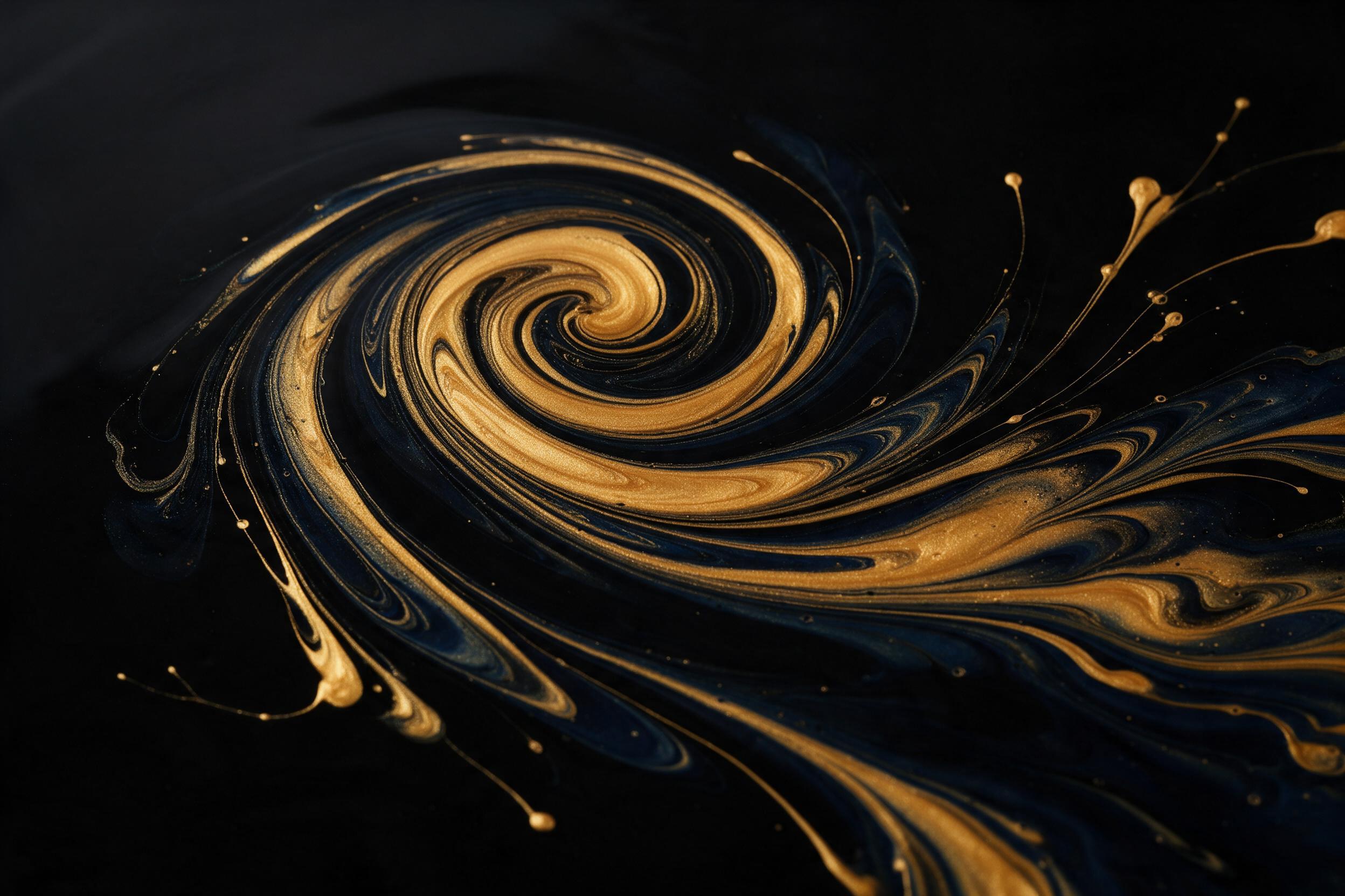 Fluid art of molten gold and midnight blue swirling on black glass, intricate marbled veins catching low-key side light, glossy surface with subtle reflections, minimalist composition, negative space around the spiral core, high contrast chiaroscuro.