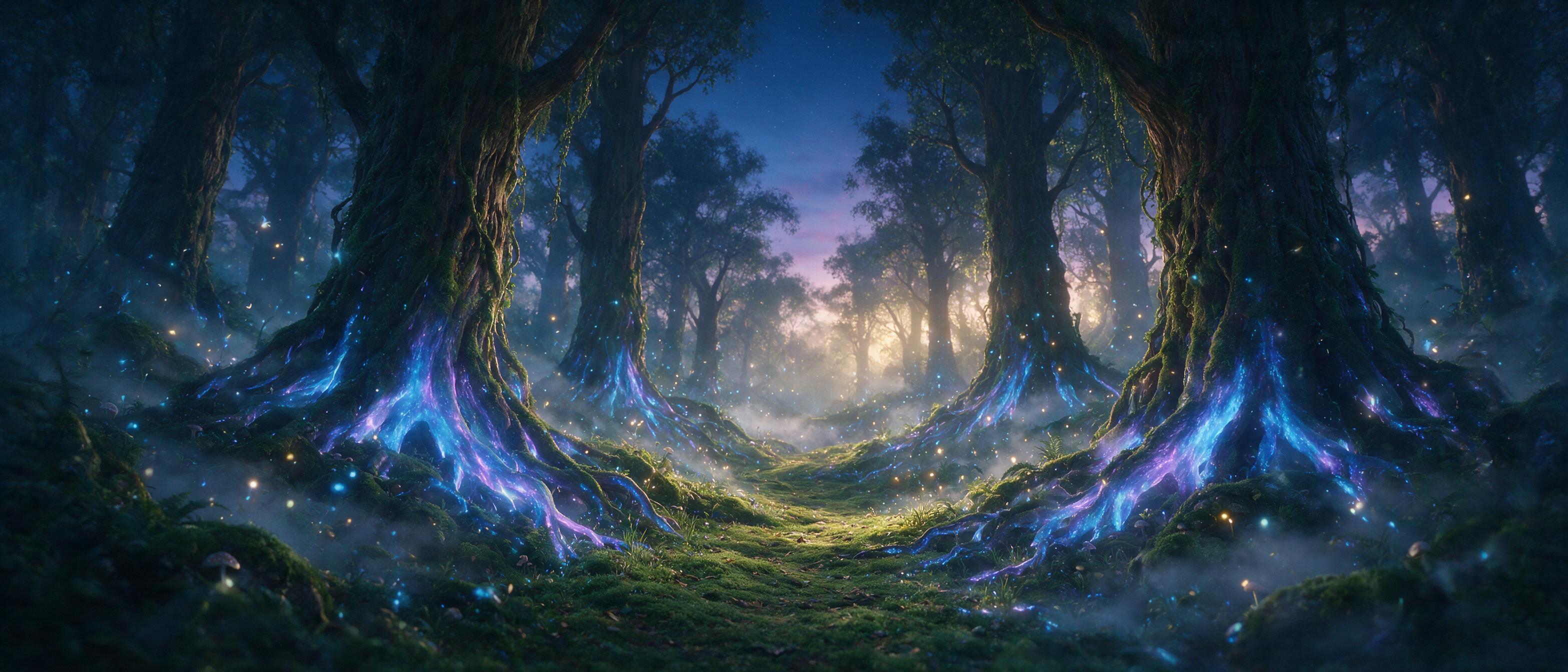 A luminous bioluminescent forest at twilight, ancient trees with glowing blue and purple roots, tiny floating firefly-like spores, a winding path covered in soft moss, ethereal mist hugging the ground, warm golden light from a hidden source, dreamlike atmosphere, soft focus, cinematic composition