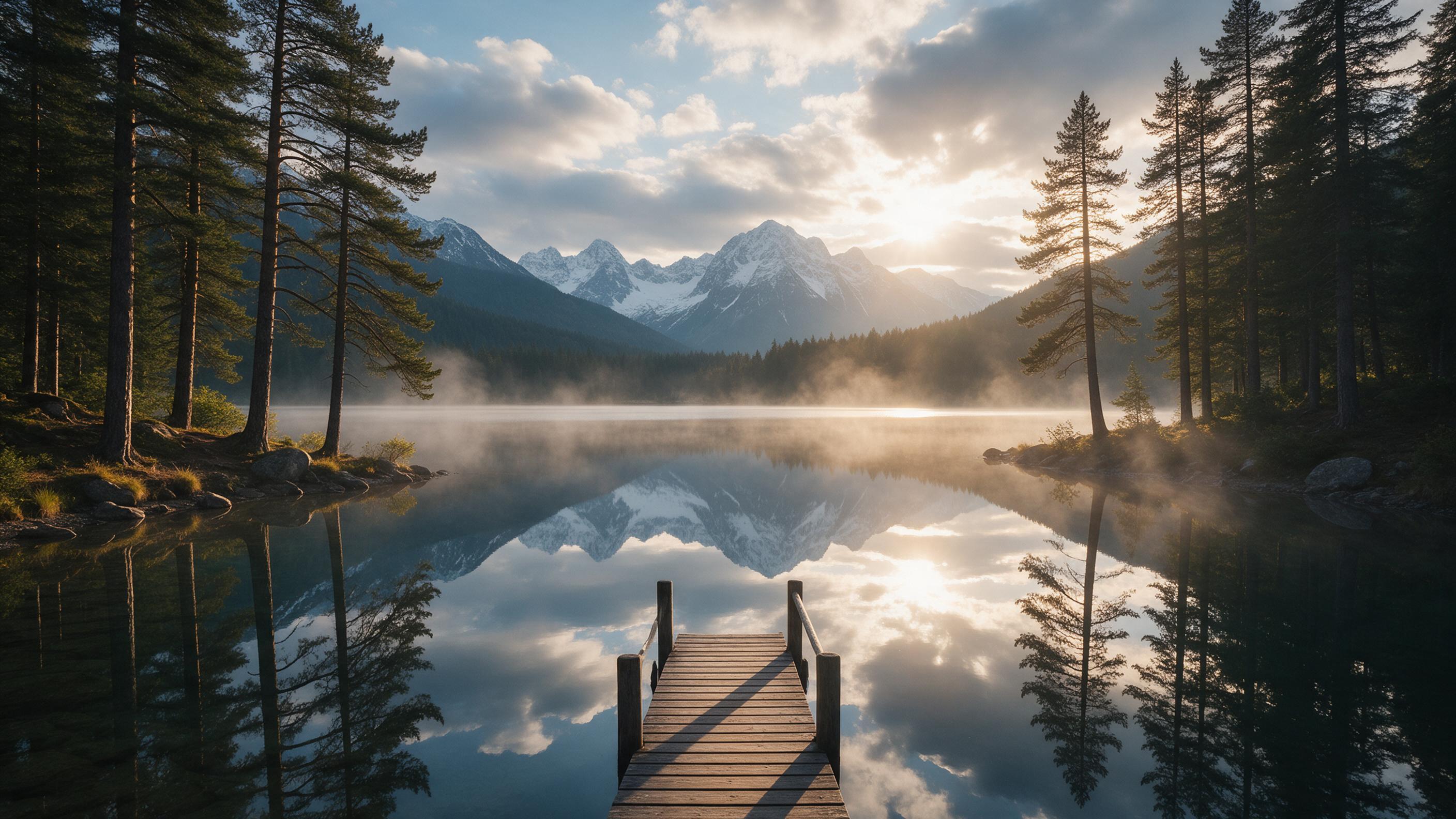 A serene mountain lake at golden hour, reflection of snow-capped peaks perfectly mirrored, a wooden jetty extending into the still water, tall pine trees framing the scene, warm sunlight breaking through scattered clouds, soft mist rising from the shoreline, captured with natural lighting and fine g