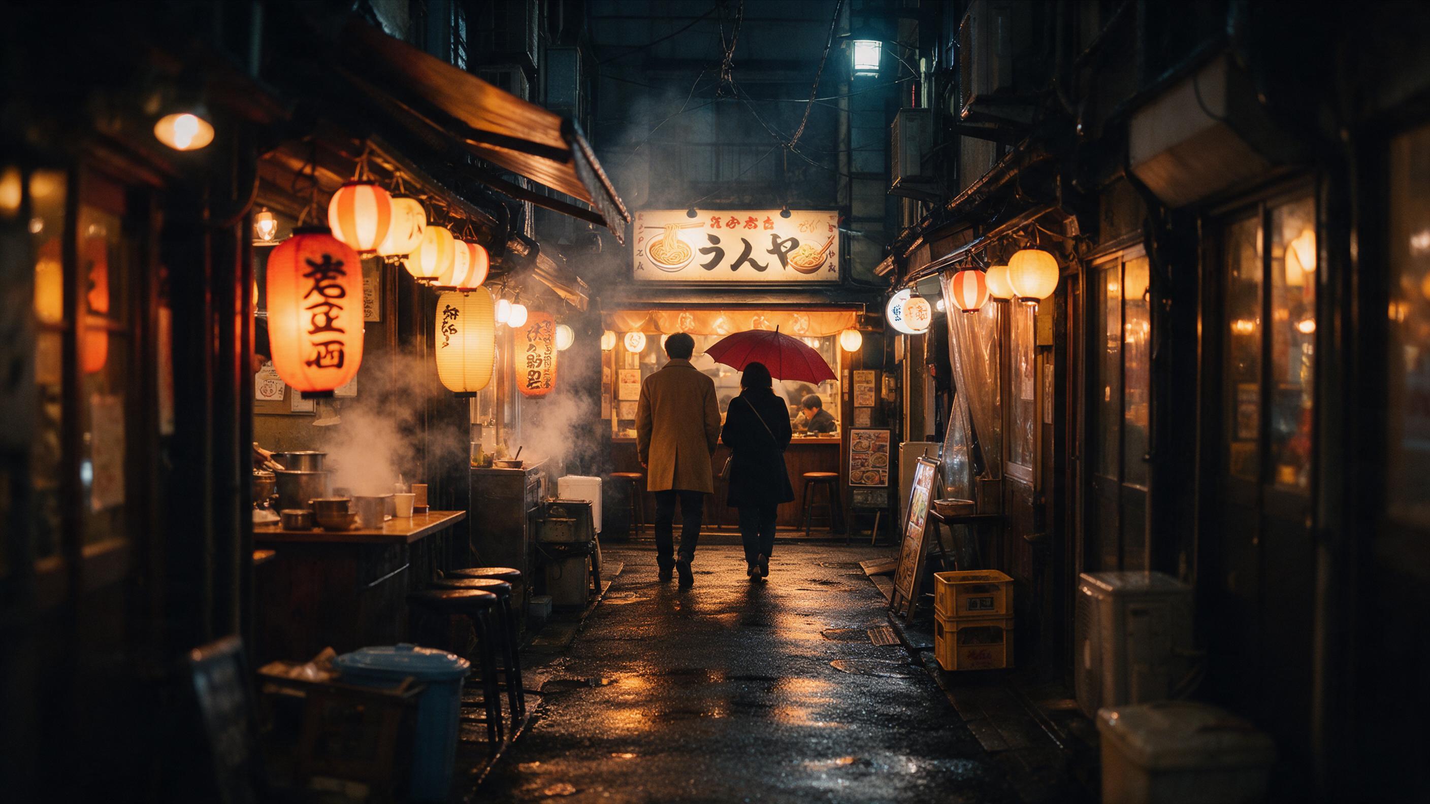 A cozy evening scene in a narrow Tokyo alley, warm lantern light from izakayas reflecting on wet asphalt, steam rising from food stalls, silhouettes of a man in a tan coat and a woman with a red umbrella walking toward a glowing noodle shop, shallow depth of field, cinematic composition with leading