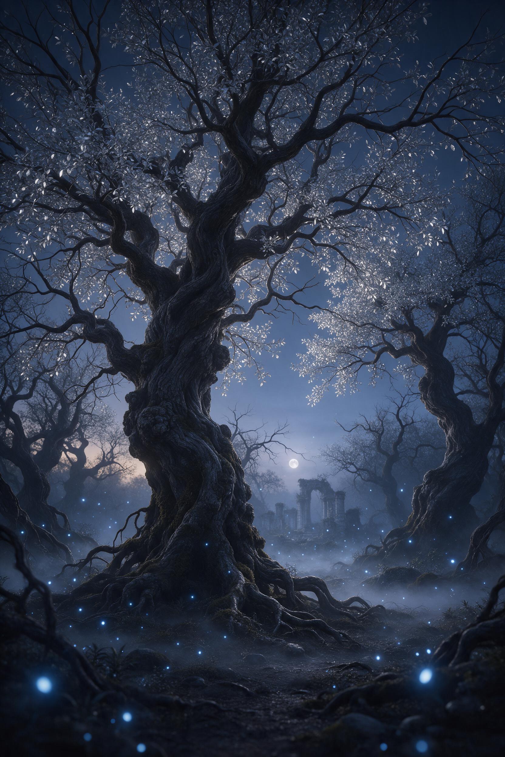 Ethereal glowing forest at twilight, giant twisted trees with silver leaves, soft blue fireflies drifting, misty ground, faint ruins in background, magical atmosphere, rim light from low moon, cinematic composition, dreamy haze