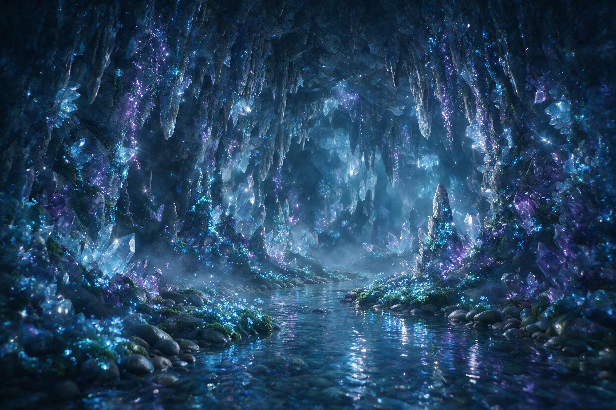 A luminous crystal cave deep underground, bioluminescent moss and vines glow in soft blue and purple hues, a small stream reflects the light, stalactites hang from the ceiling, misty atmosphere, slight camera shake, natural lighting from the crystals
