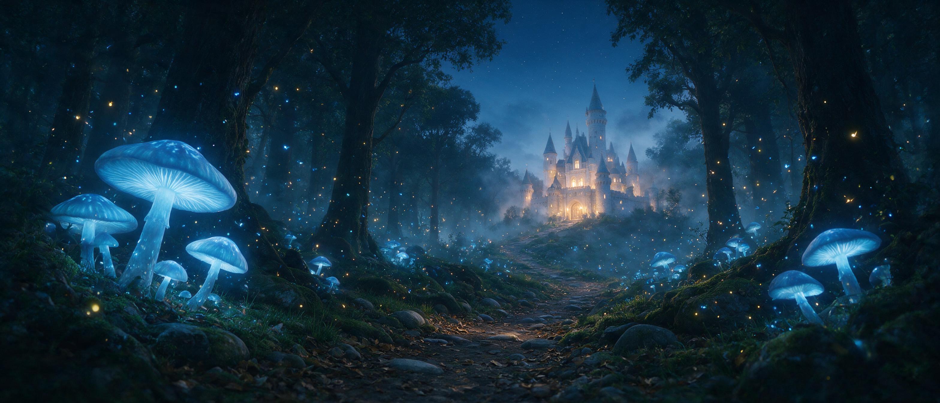 A serene forest at twilight, giant glowing mushrooms casting soft blue light, fireflies drifting like living stars, a winding path leading to a distant, misty castle, ethereal atmosphere, gentle fog, cool color palette, cinematic composition.