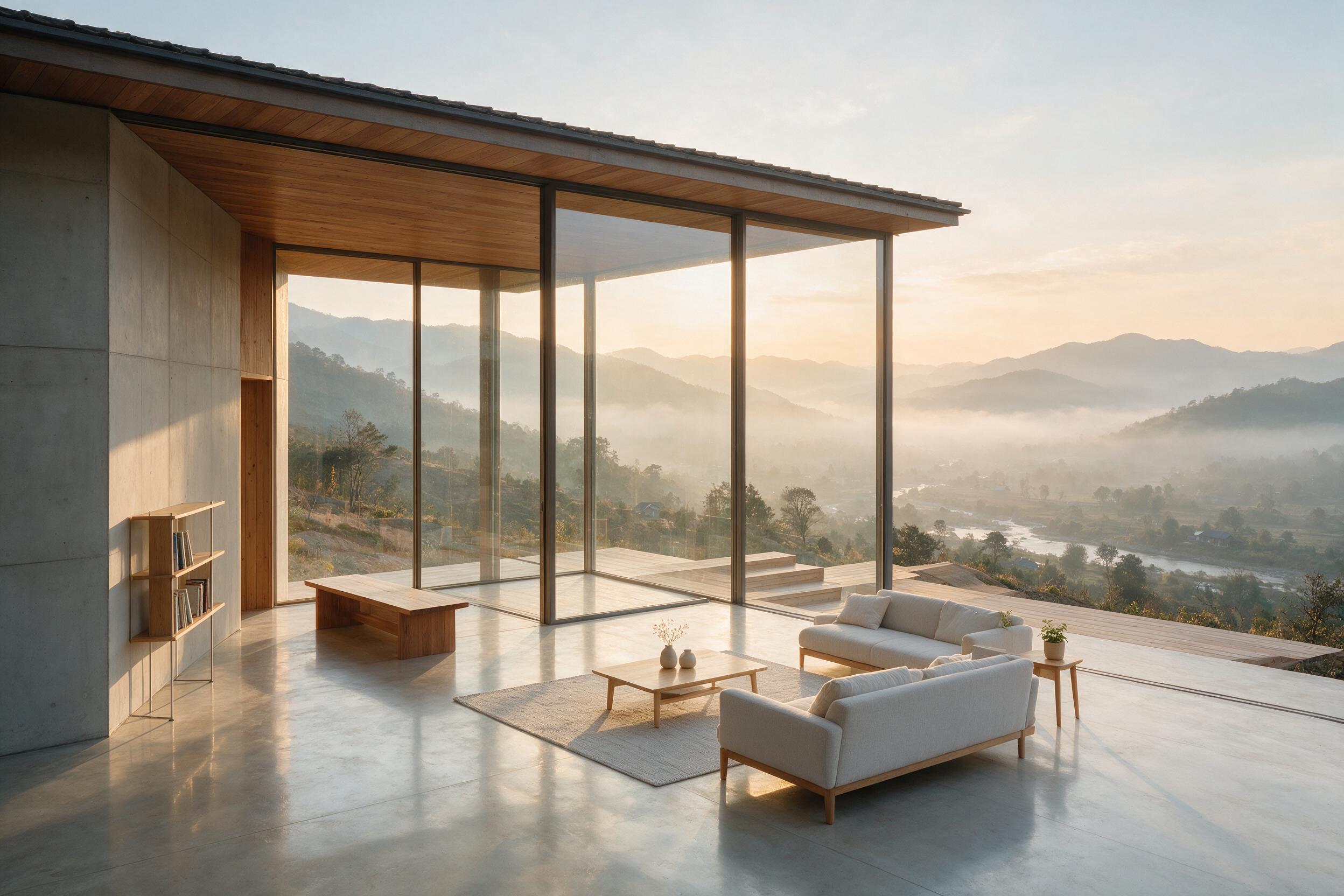 A minimalist modern house with large glass windows overlooking a misty mountain valley at dawn, soft golden sunlight streaming through the glass, reflecting on a polished concrete floor, warm wood accents, calm atmosphere, slight haze in the distance, natural lighting, no people.