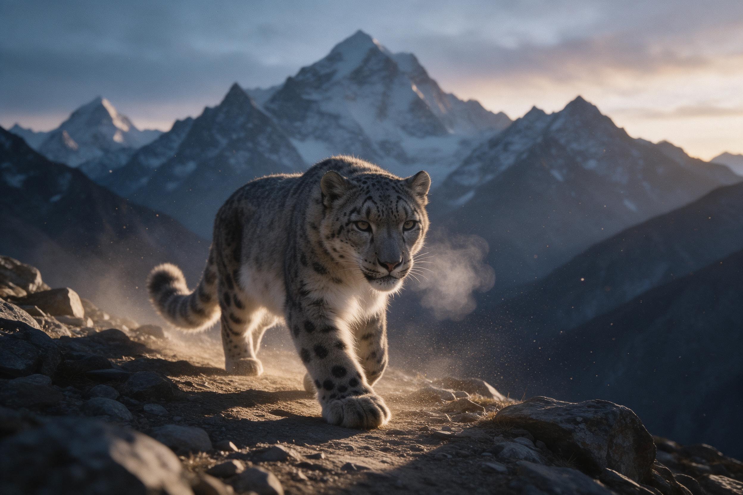 A snow leopard stalks across a rocky Himalayan ridge at dawn, breath visible in cold air, eyes fixed forward, fur detailed with natural texture. Low-angle composition, soft golden light casting long shadows, dust particles in the air, muted blue and orange tone. Slight grain for realism.
