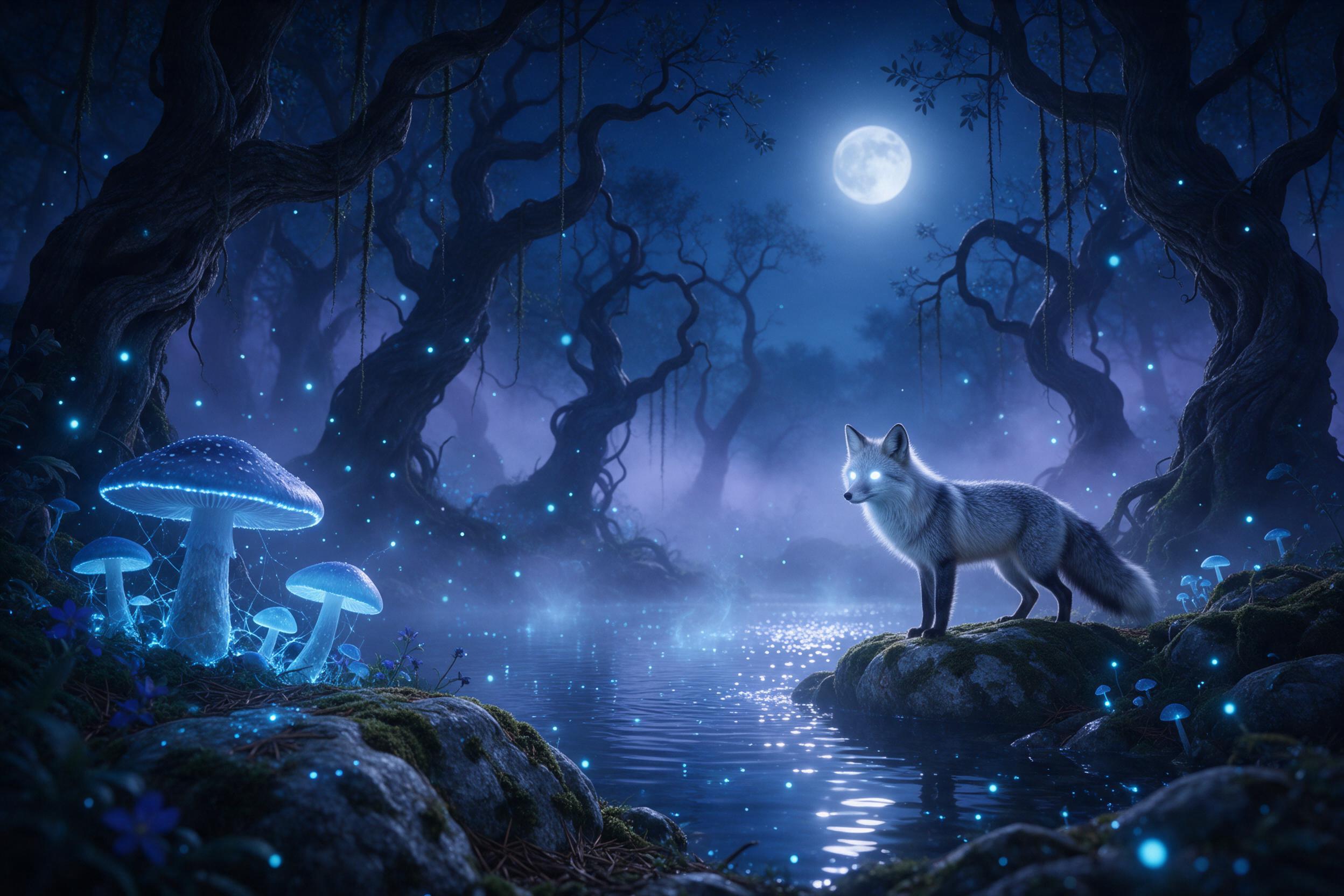 A moonlit enchanted forest glade, bioluminescent blue mushrooms casting soft glow on moss-covered stones, a silver fox with glowing white eyes stands by a shimmering pond, fireflies dancing in misty air, ancient twisted trees with hanging vines, serene atmosphere, deep blue and violet tones, etherea