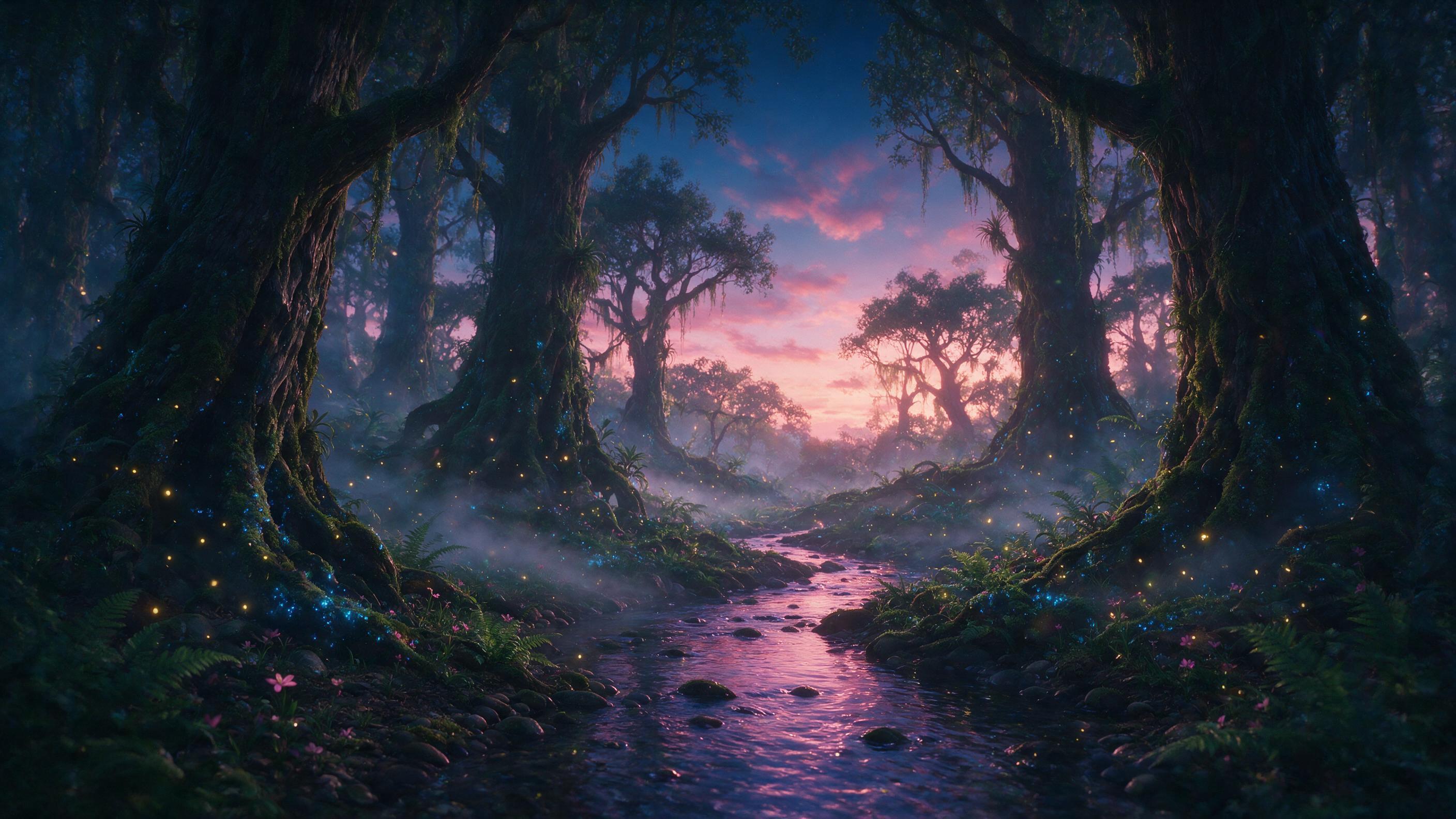 A luminous forest at twilight, ancient trees with bioluminescent blue moss, a gentle stream reflecting magenta and violet light, fireflies floating in the air, soft mist curling around roots, ethereal glow, painterly style, subtle lens flare, dreamlike atmosphere.