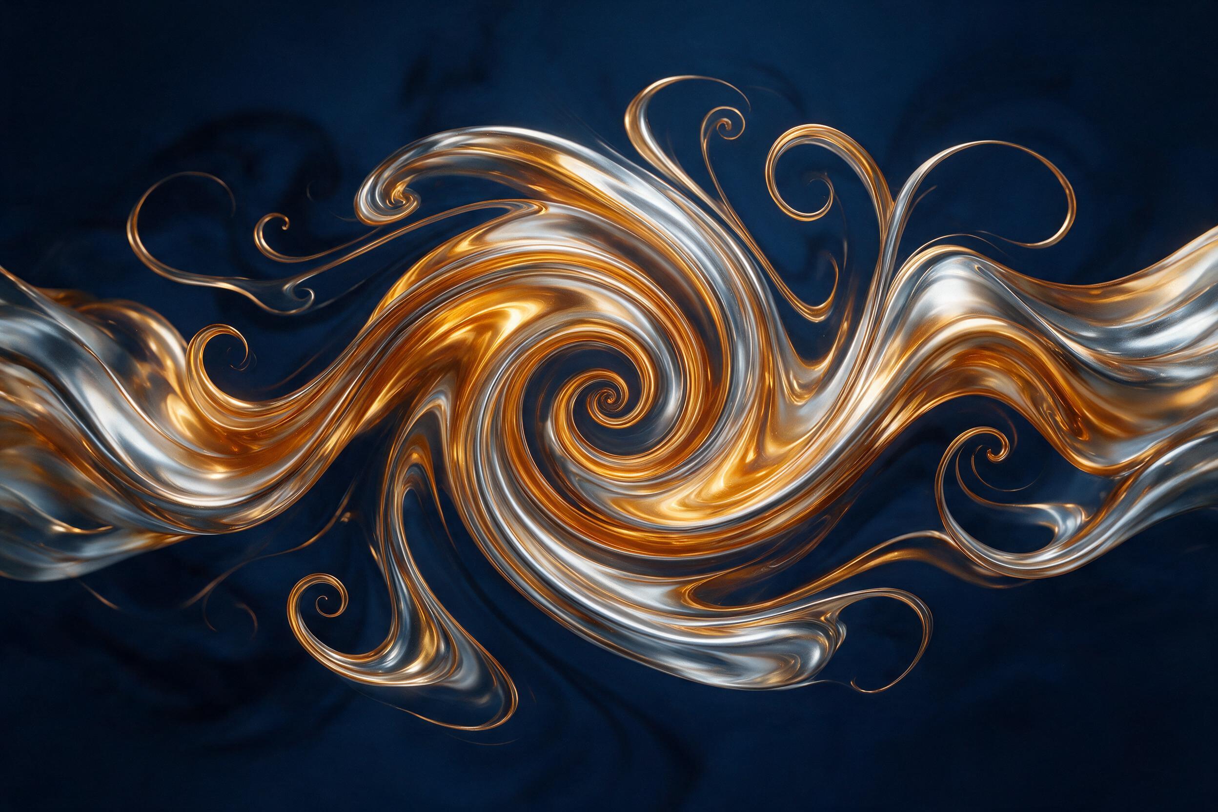 A dynamic composition of flowing liquid metal in amber and silver tones, forming intricate spiral patterns against a deep indigo background. Soft, diffused studio lighting casts gentle reflections on the smooth surfaces, while subtle gradients create a sense of depth and motion. Minimalist aesthetic