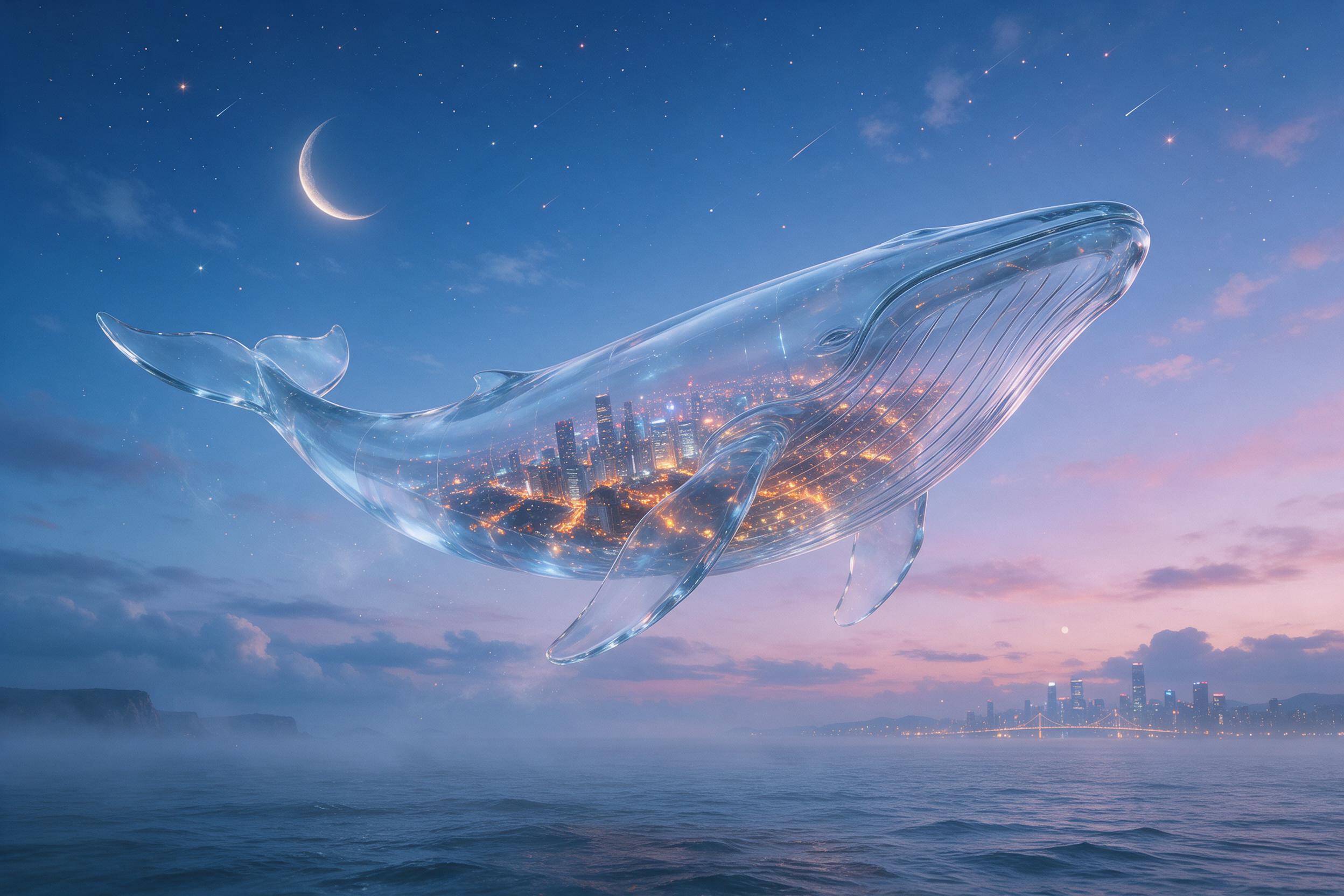 A glass whale floating through a twilight sky, its belly filled with glowing city lights, above a misty ocean with a crescent moon