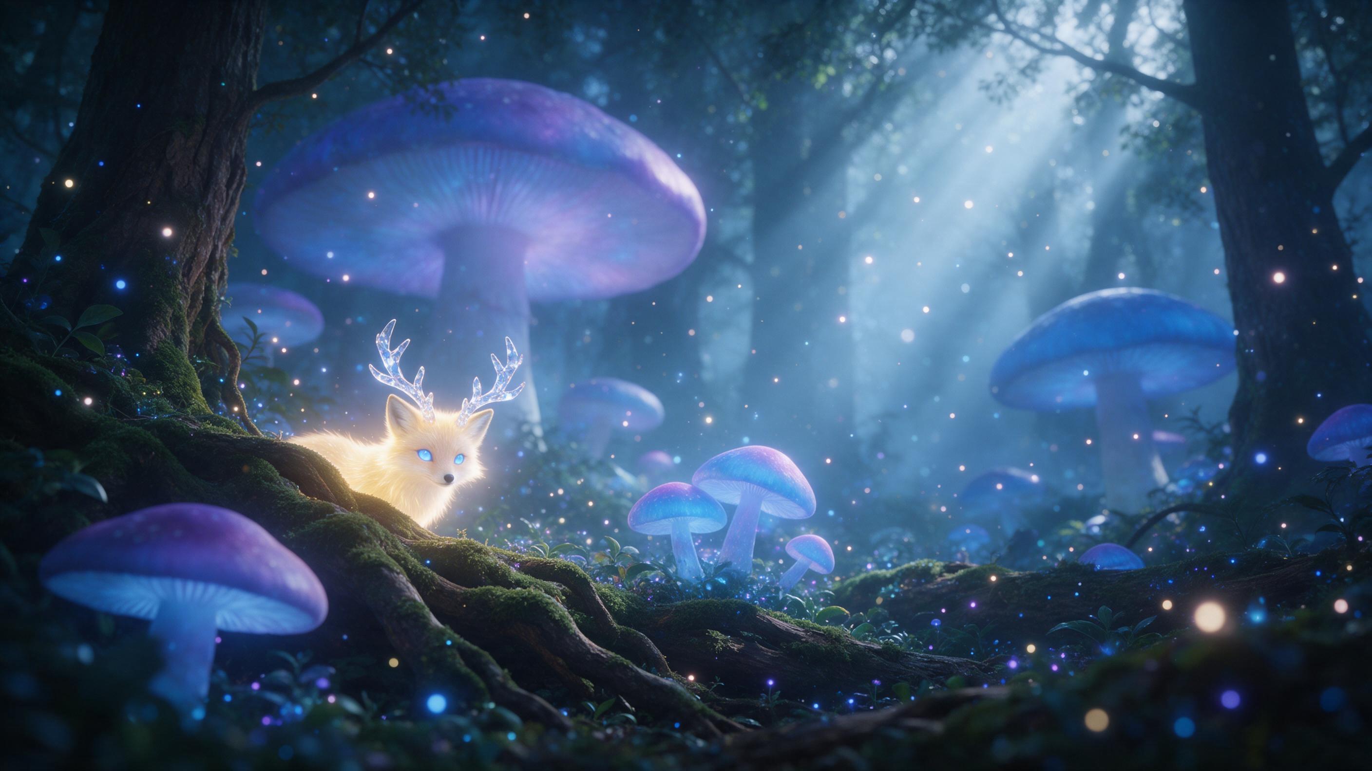 A misty ancient forest at dawn, colossal bioluminescent mushrooms casting soft blue and violet light, a tiny glowing fox with crystal antlers peering from behind moss-covered roots, ethereal light rays filtering through the canopy, floating spores like fireflies, cinematic composition with shallow d