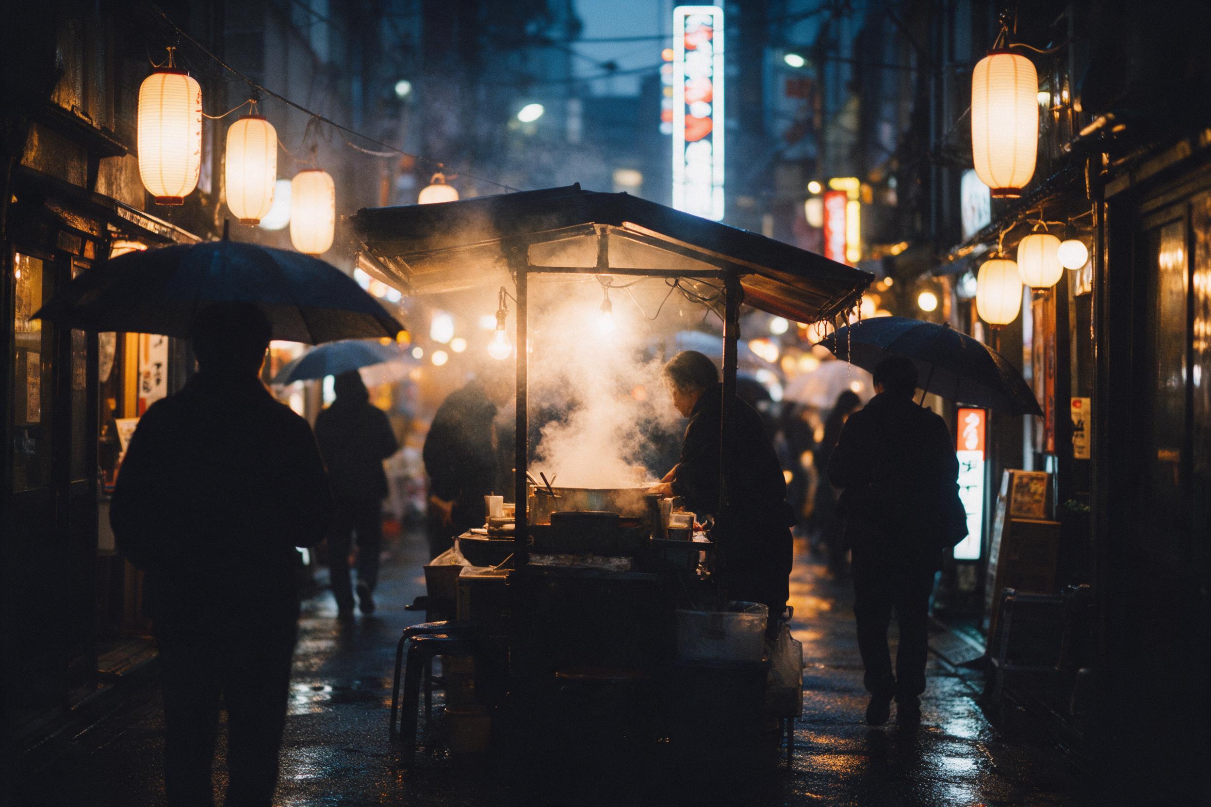 Cozy evening street scene in a rainswept Tokyo alley, glowing lanterns and neon signs reflecting on wet asphalt, silhouettes of pedestrians with umbrellas, steam rising from a food stall, shallow depth of field, soft bokeh, warm tungsten mixed with cool blue ambient light, slight film grain, candid 