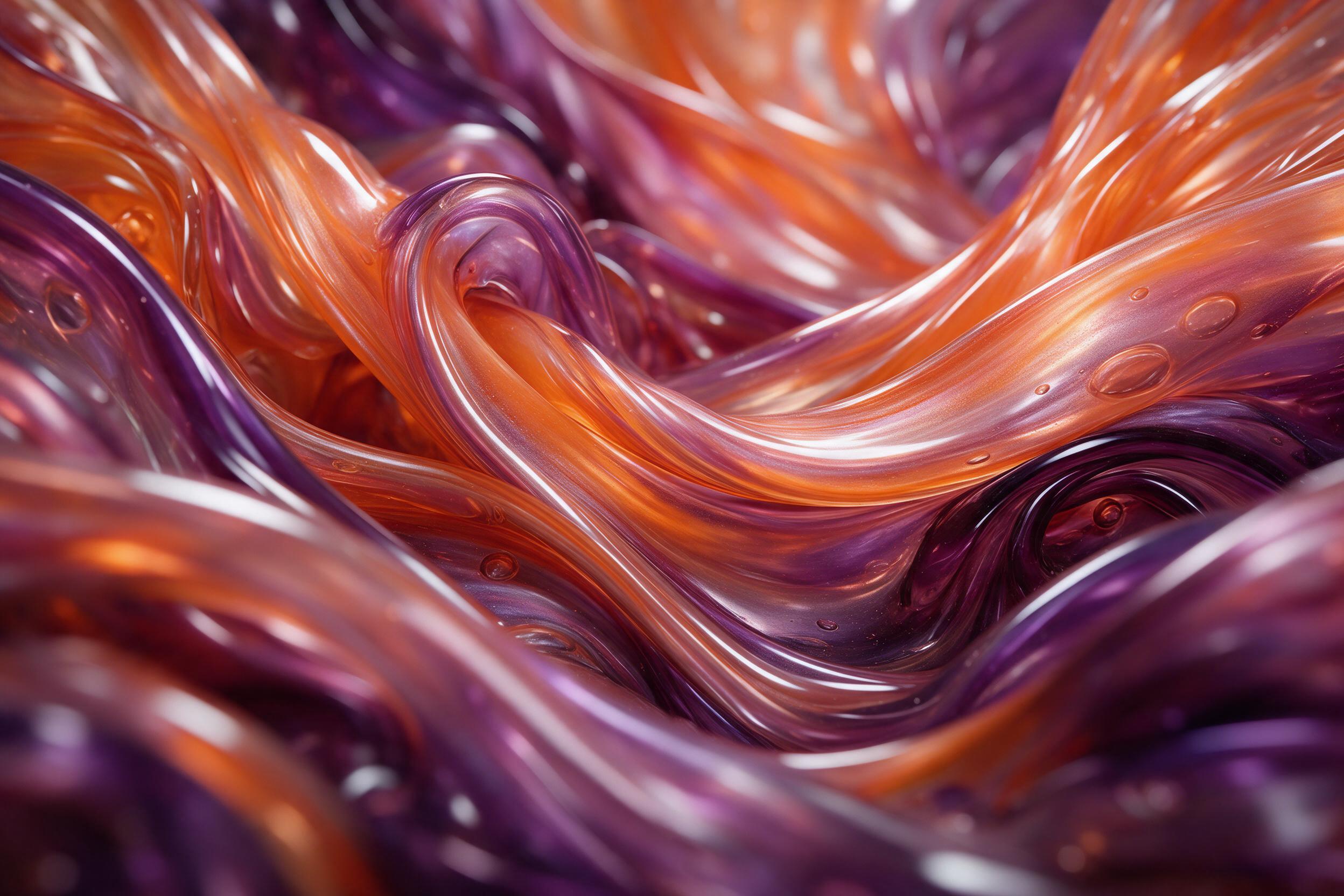Close-up of molten glass sculpture, swirling ribbons of iridescent orange and deep violet, captured with a macro lens, soft studio lighting, shallow depth of field, smooth curves and chaotic folds, no text or watermark