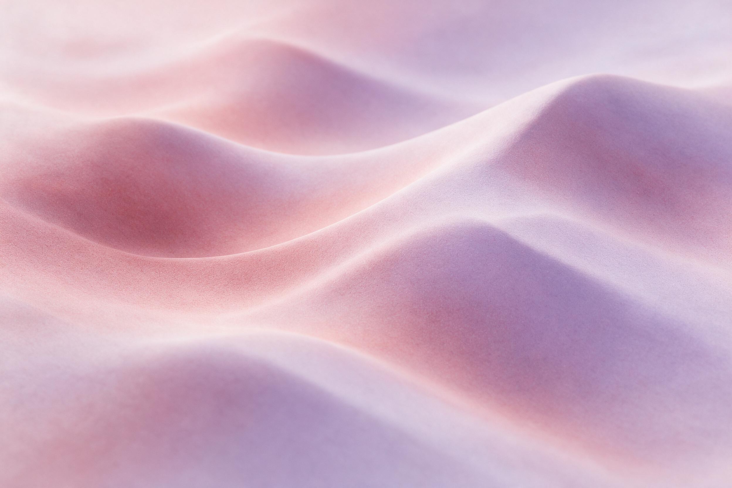 Soft pastel gradient of dusty rose and pale lavender, flowing organic curves like wind-swept sand dunes, subtle grain texture, diffused natural light from upper left, shallow depth of field with gentle blur at edges, minimalist composition with negative space.